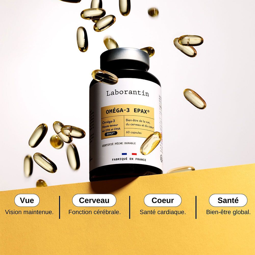 Kapseln fallen vor einer Flasche Laborantin Oméga-3 EPAX. Wörter: Vue, Cerveau, Coeur, Santé.