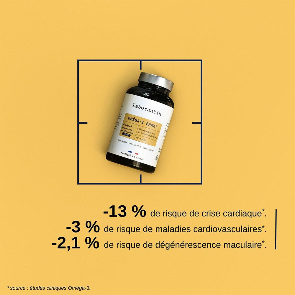 Flasche Laborantin Oméga-3 EPAX in einem gelben Quadrat. Statistiken: -13%, -3%, -2,1%.