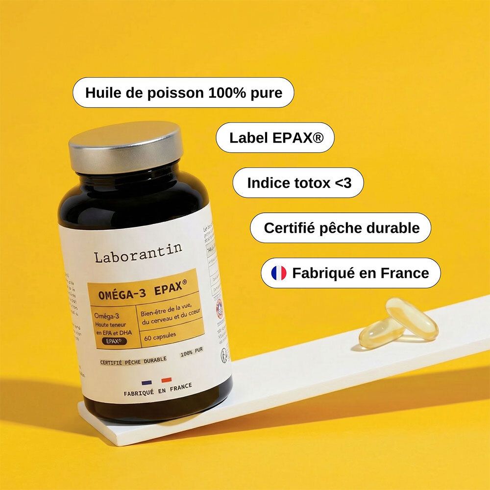 Flacon Laborantin Oméga-3 Epax. Symboles : Vegan, Sans gluten, Sans lactose, Sans gélatine, Sans OGM.