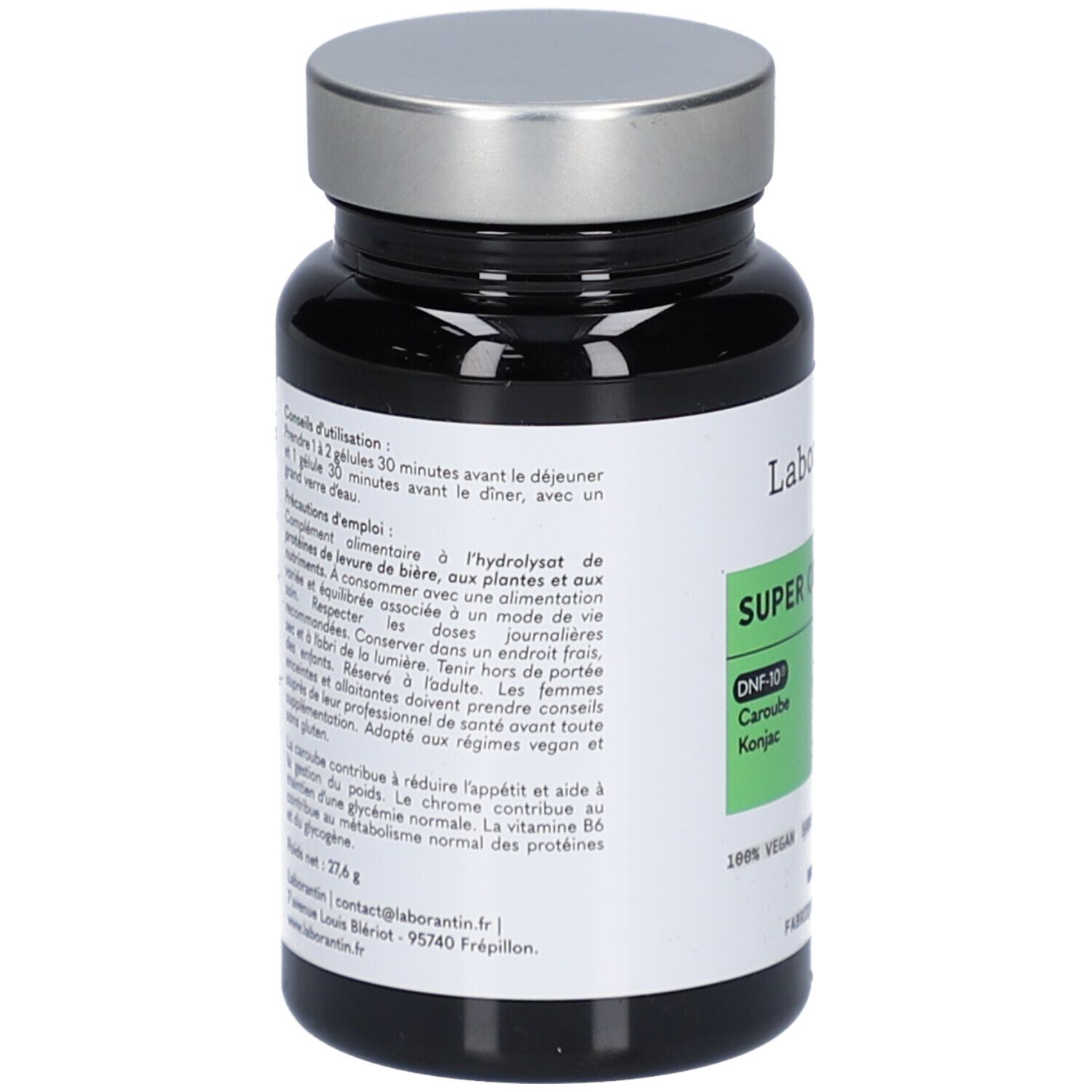 Schwarze Flasche mit silbernem Deckel. Etikett mit Text über Anwendung, Inhaltsstoffe und Nährwertangaben. Hergestellt in Frankreich.