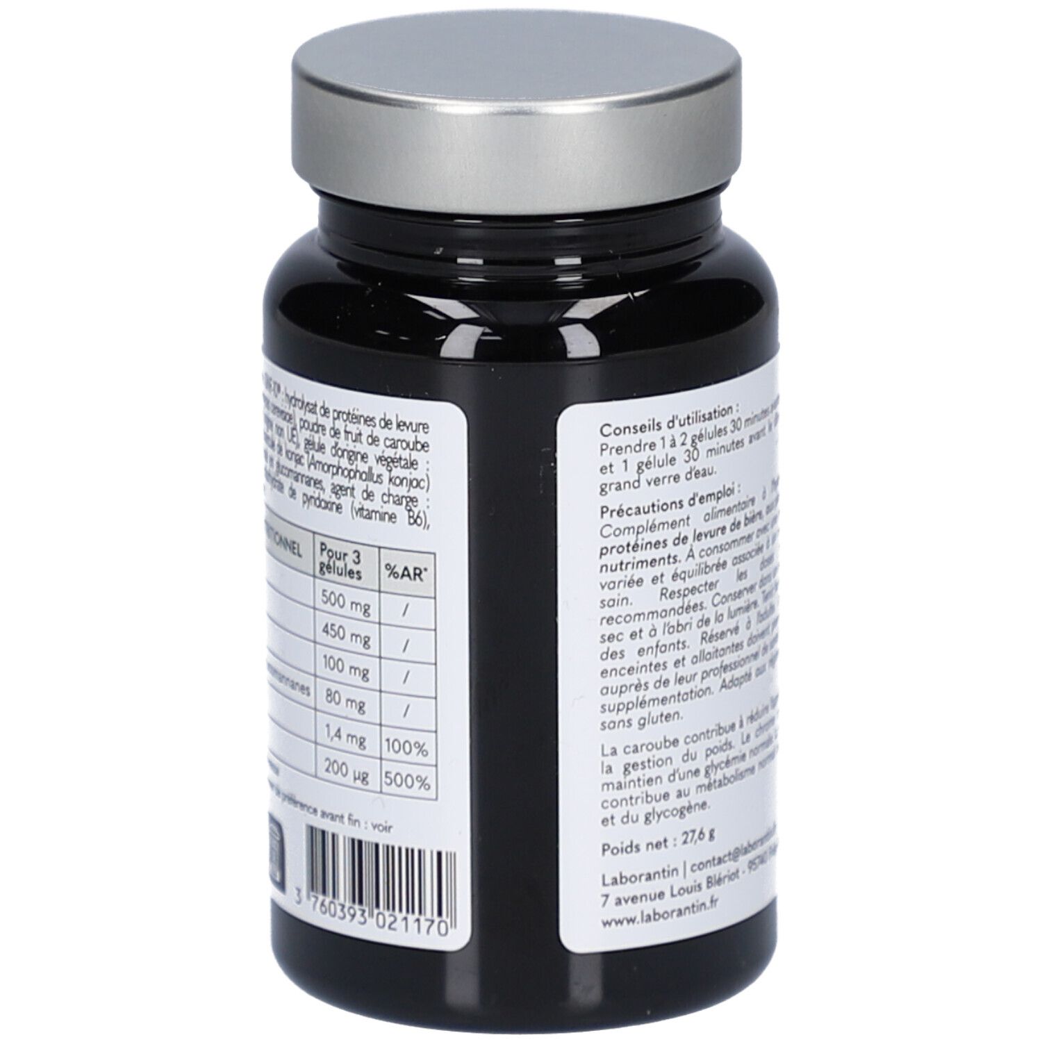 Schwarze Flasche mit silbernem Deckel. Etikett mit Nährwerttabelle, Inhaltsstoffen und Herstellerinformationen. Hergestellt in Frankreich.