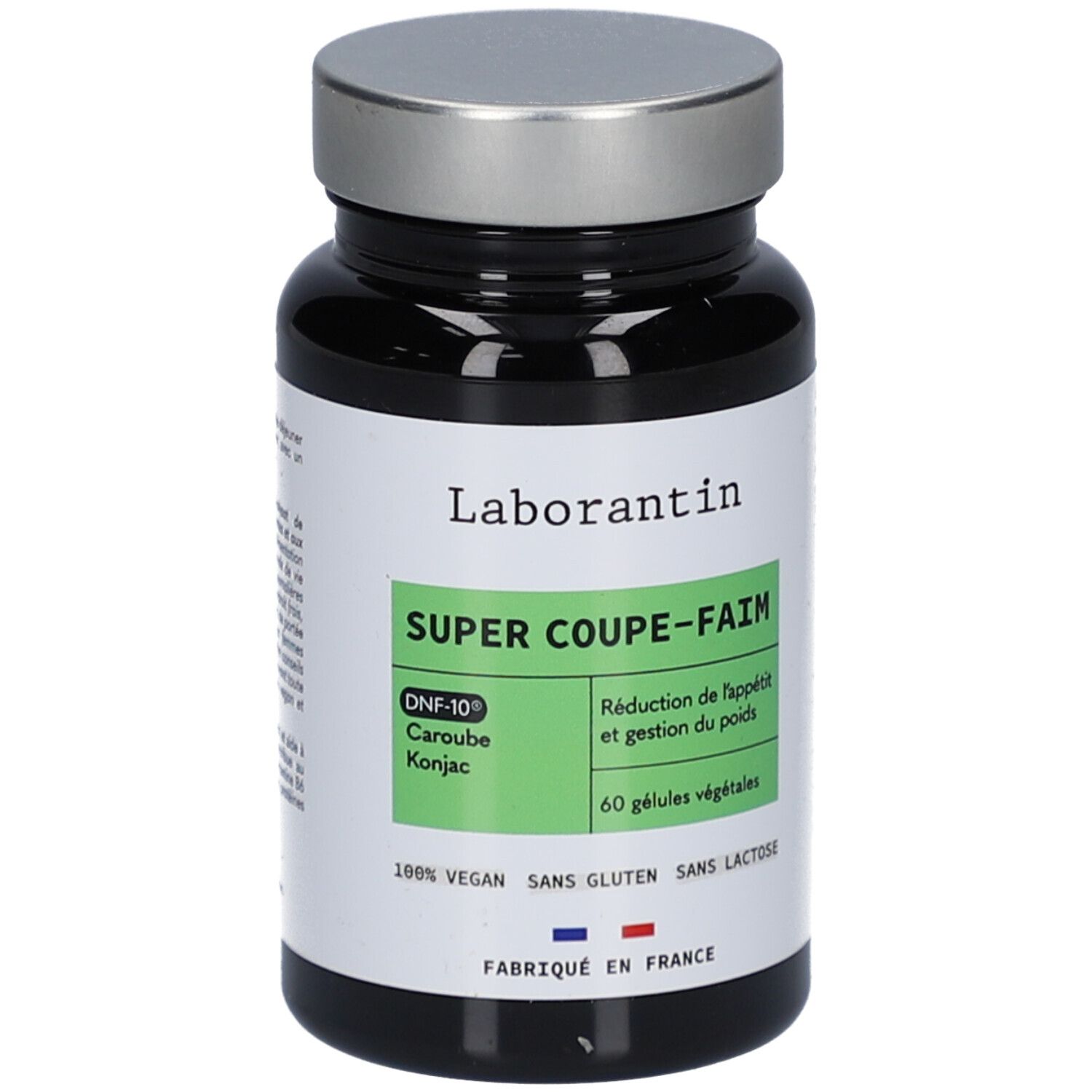 Schwarze Flasche mit silbernem Deckel. Etikett mit "Laborantin", "SUPER COUPE-FAIM", 60 Kapseln, vegan, glutenfrei, laktosefrei.
