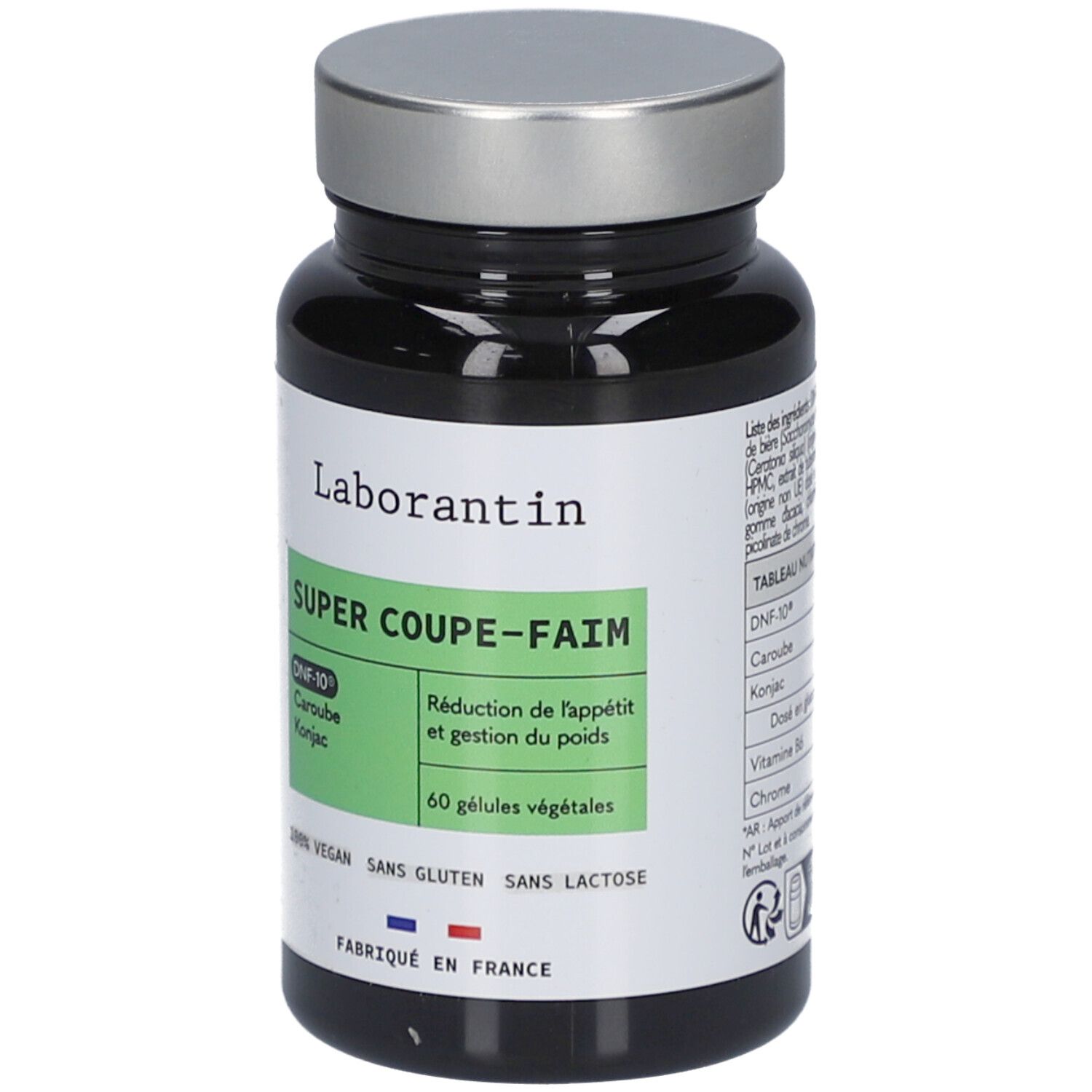 Schwarze Flasche mit silbernem Deckel. Etikett mit "Laborantin", "SUPER COUPE-FAIM", 60 Kapseln, vegan, glutenfrei, laktosefrei.