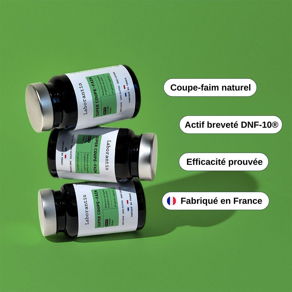 Trois flacons sur fond vert. Texte: Coupe-faim naturel, Actif breveté DNF-10®, Efficacité prouvée.