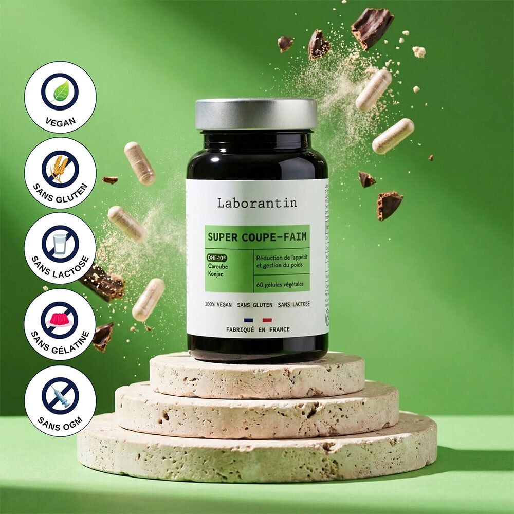 Laborantin Super Coupe-Faim Kapseln mit Siegeln: Vegan, Ohne Gluten, Ohne Laktose, Ohne Gelatine, Ohne GVO.