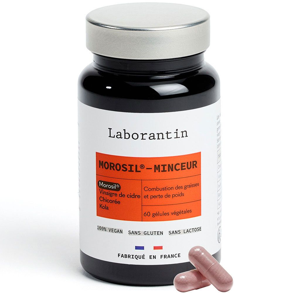 Flacon noir avec gélules. Inscription Laborantin, Morosil-Minceur. 60 gélules. Vegan, sans gluten, sans lactose. Fabriqué en France.