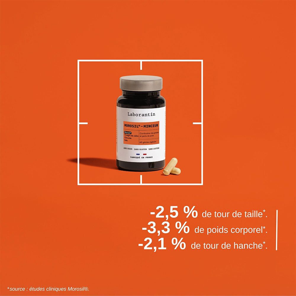 Flacon sur fond rouge. Texte: -2,5 % de tour de taille, -3,3 % de poids corporel, -2,1 % de tour de hanche.