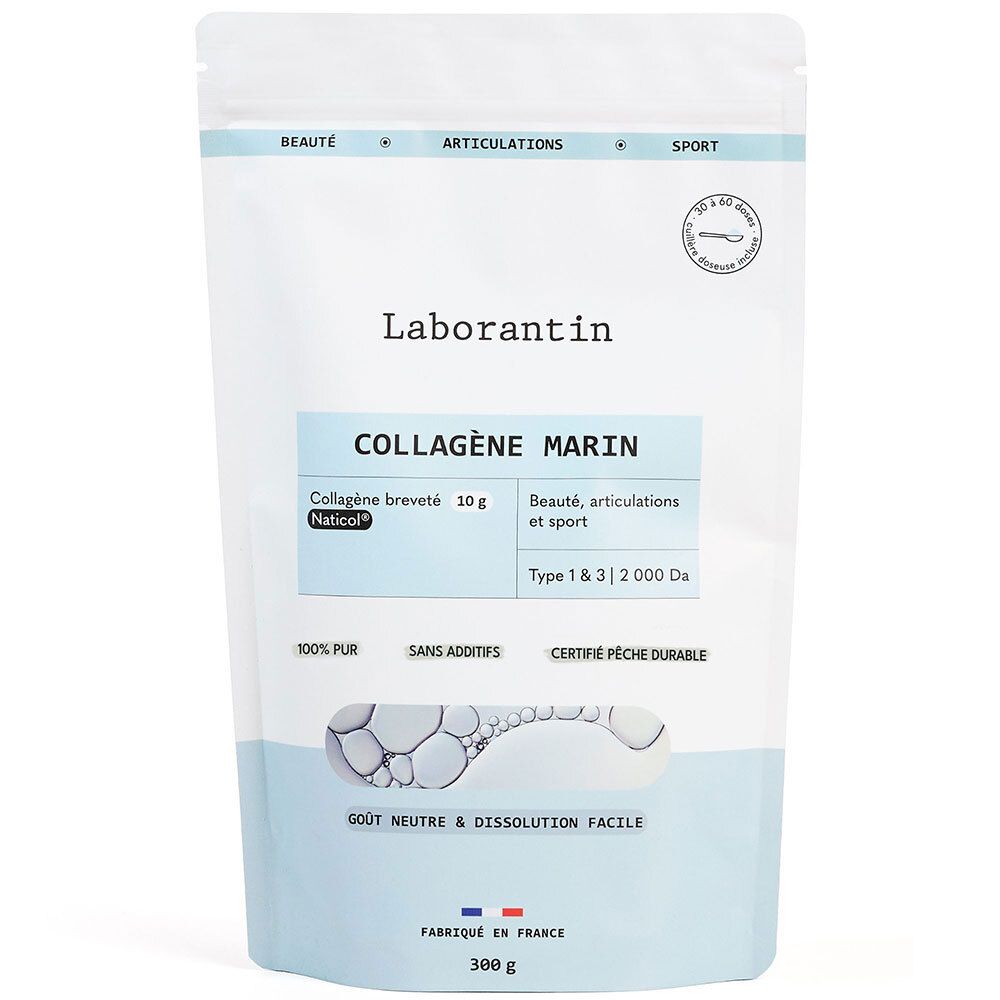 Beutel mit Laborantin Collagène Marin. Aufschrift: Collagène Marin, Naticol, Typ 1 & 3, 100% pur, geschmacksneutral, 300 g.