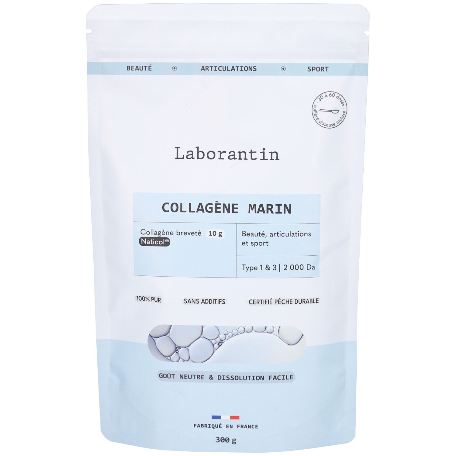 Sachet blanc avec étiquette bleue. Texte: Laborantin, Collagène Marin, Naticol, 100% pur, pêche durable certifiée.