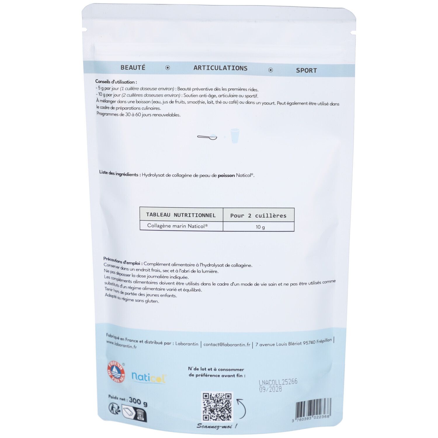 Dos du sachet. Texte: Conseils d'utilisation, liste des ingrédients, tableau nutritionnel, avertissements. Certifications et code-barres.