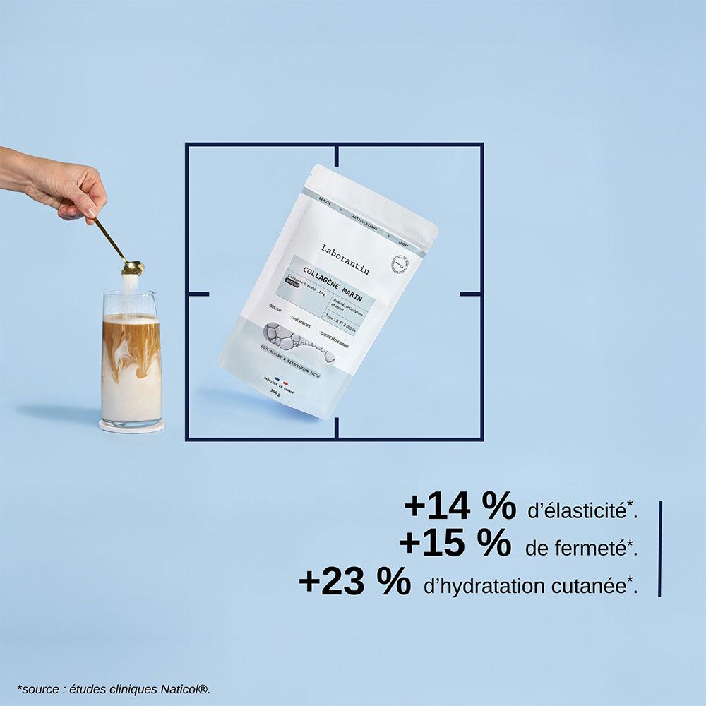 Beutel Laborantin Collagène Marin, Glas mit Flüssigkeit, goldener Löffel. Aufschrift: Collagène Marin, Naticol, Typ 1 & 3. Prozentangaben.