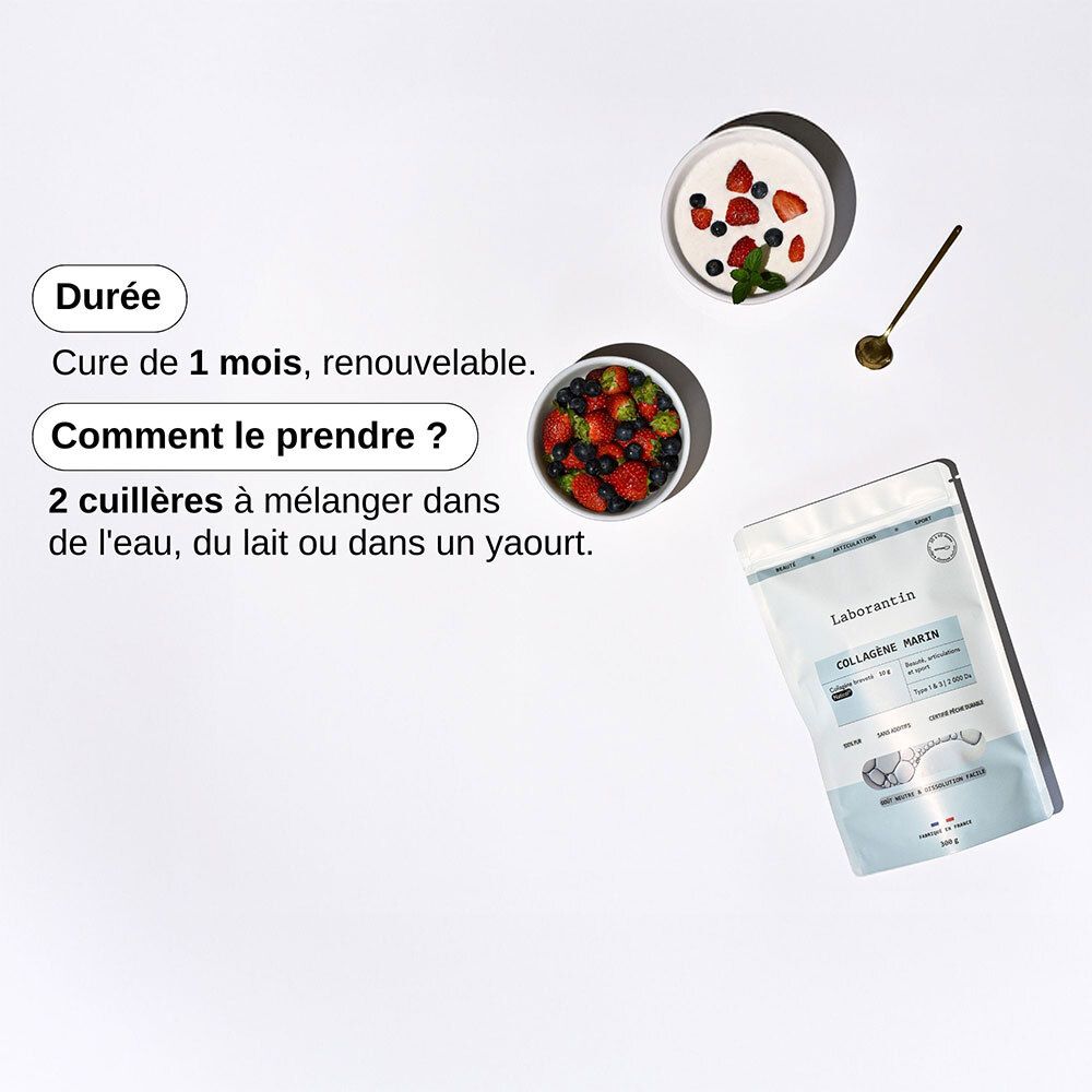 Zwei Schalen mit Obst, goldener Löffel, Beutel Laborantin Collagène Marin. Aufschrift: Collagène Marin, Naticol, Typ 1 & 3. Anwendung.