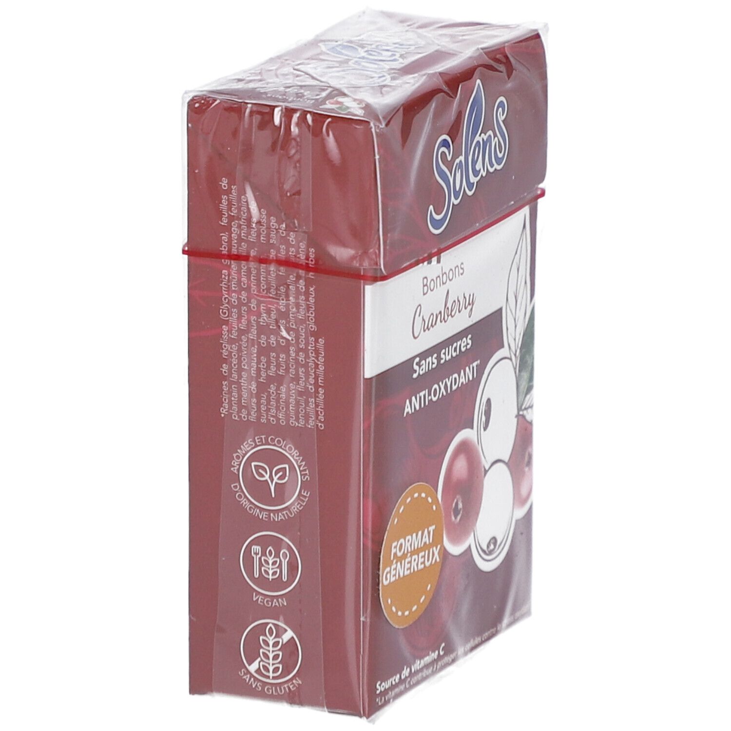 Seitenansicht der SOLENS S/SUCRE CRANBERRY 66G Verpackung. Rote Schachtel mit Produktinformationen. Klarsichtfolie.
