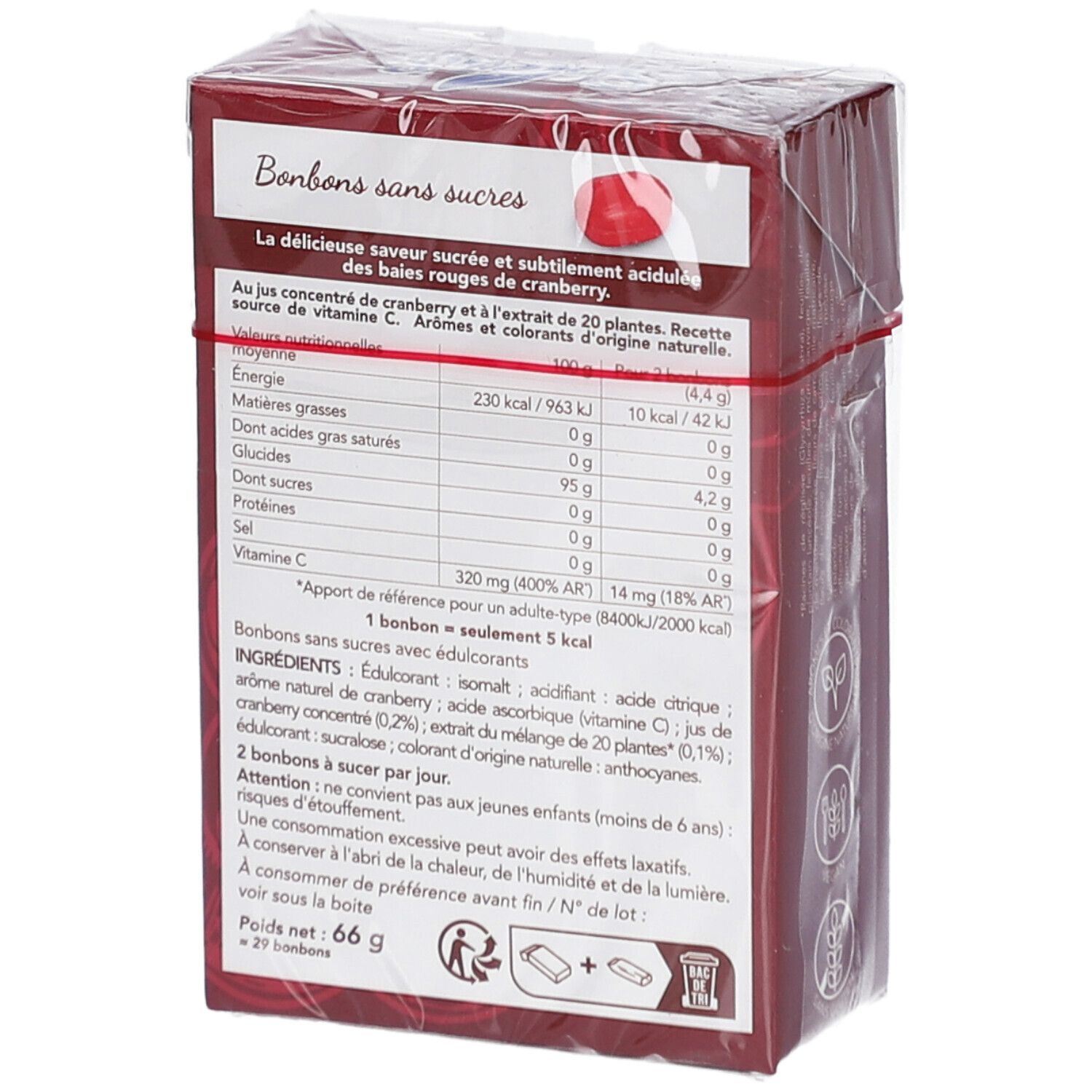 Rückseite der SOLENS S/SUCRE CRANBERRY 66G Verpackung. Enthält Nährwertangaben und Zutatenliste. Rote Schachtel.