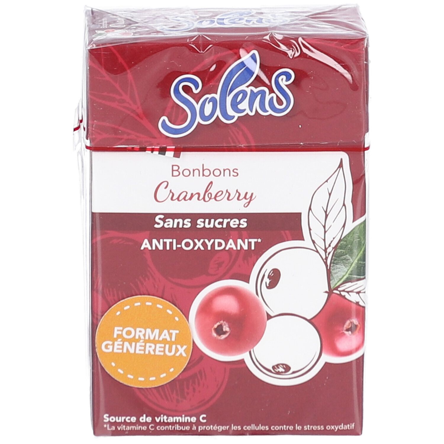 Vorderansicht der SOLENS S/SUCRE CRANBERRY 66G Verpackung. Rote Schachtel mit Cranberry-Abbildung und Produktnamen. Klarsichtfolie.
