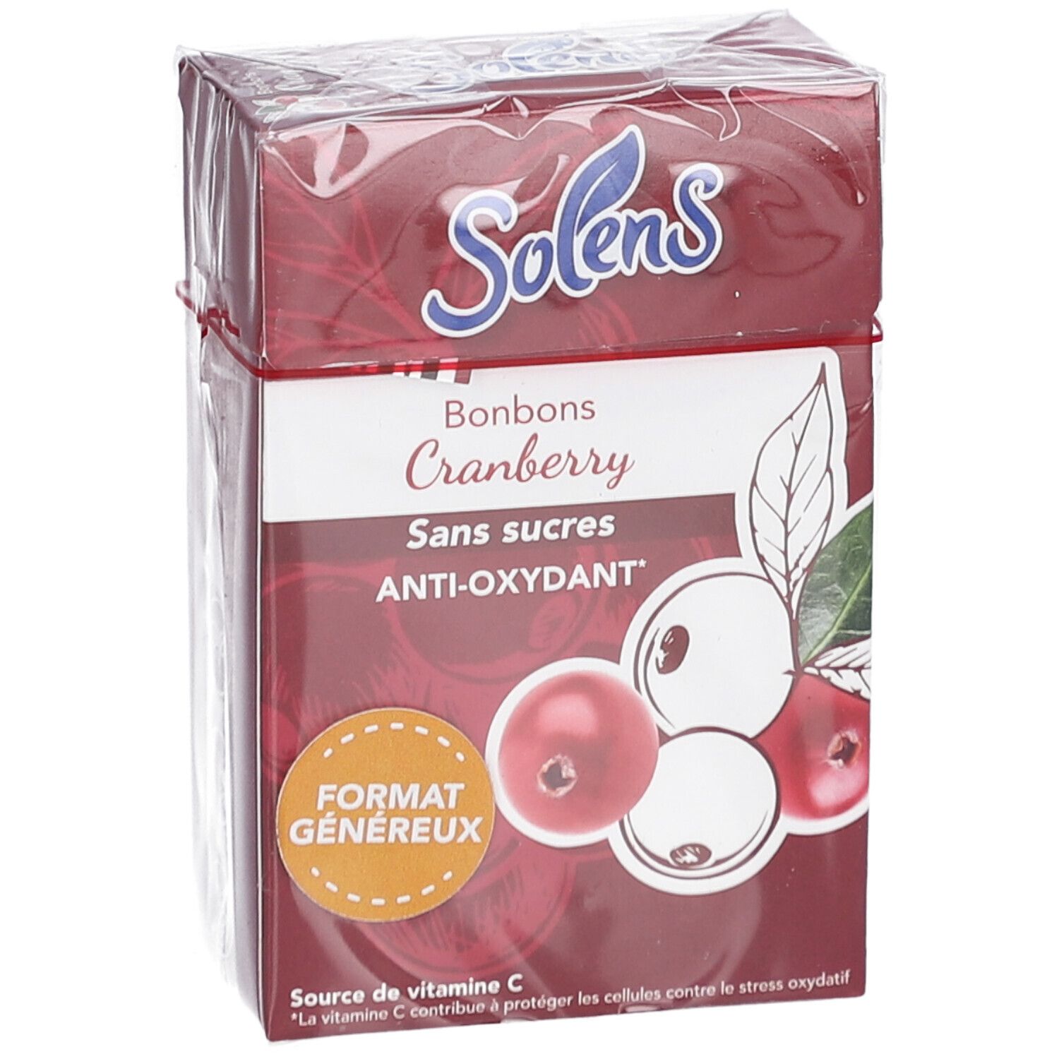 Vorderansicht der SOLENS S/SUCRE CRANBERRY 66G Verpackung. Rote Schachtel mit Cranberry-Abbildung und Produktnamen. Klarsichtfolie.