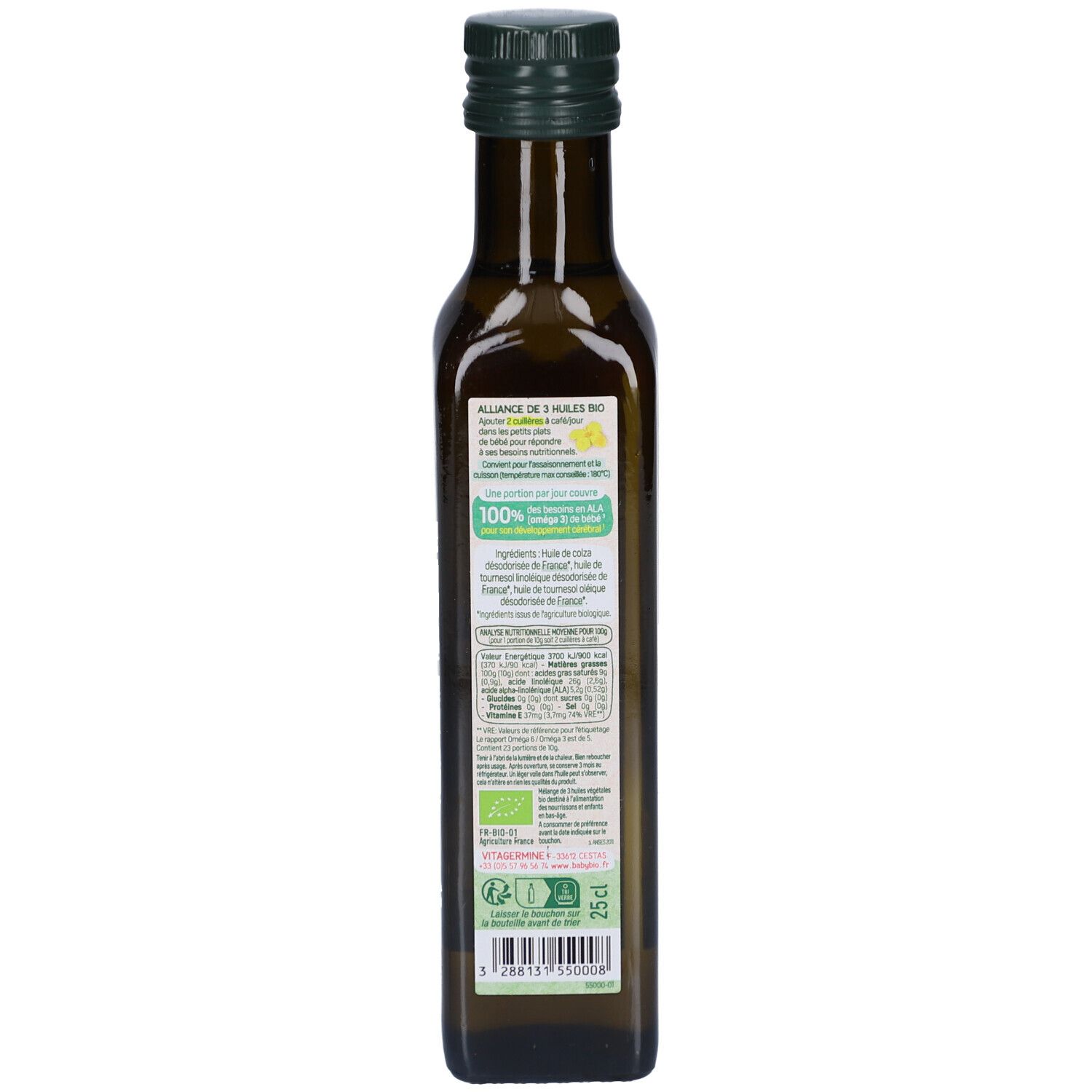 Vue arrière de la bouteille en verre brun. Étiquette avec texte: Alliance d'huiles bio, 100% ingrédients d'origine naturelle, 25cl.