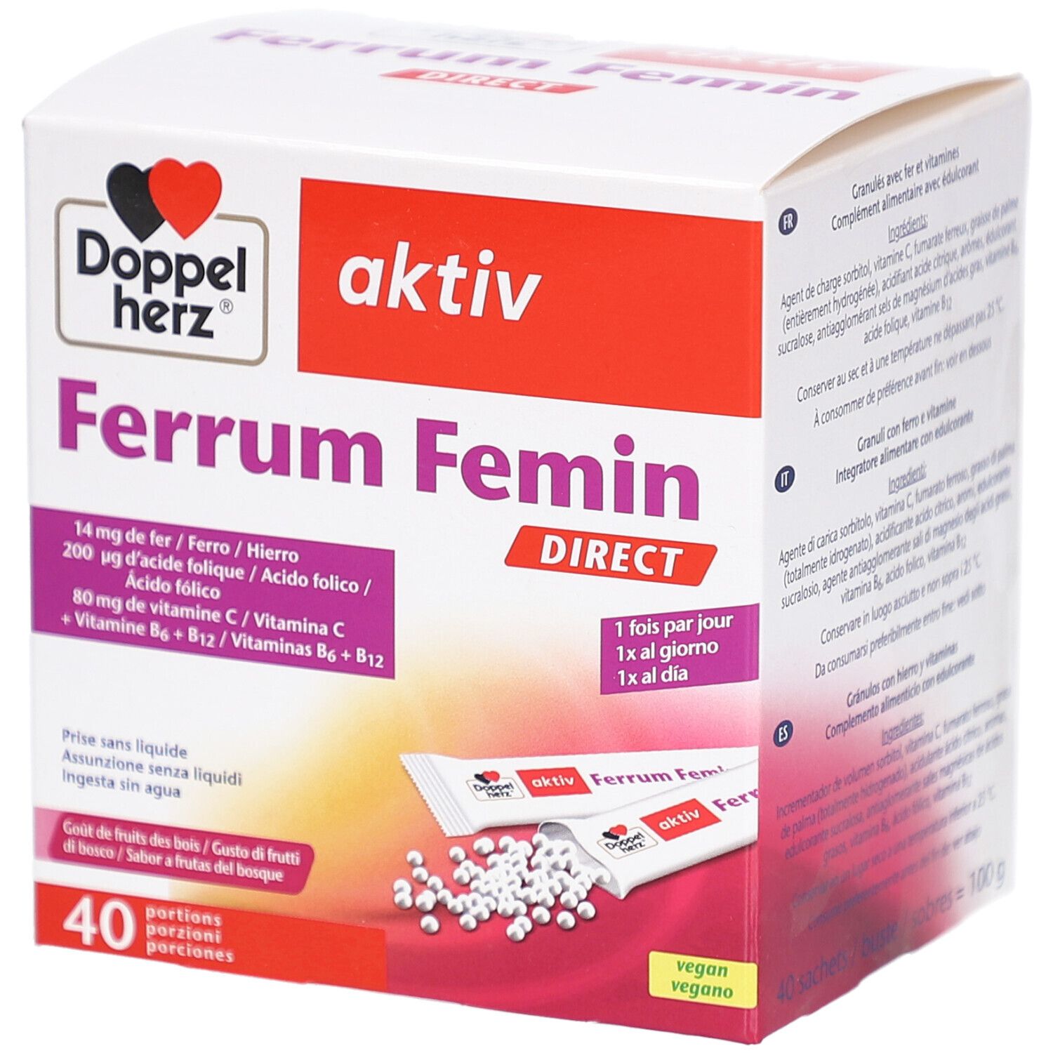 Schachtel mit DH Ferrum Femin direct. Enthält 40 Portionen. Enthält Eisen, Folsäure, Vitamin C, B6 und B12. Vegan.