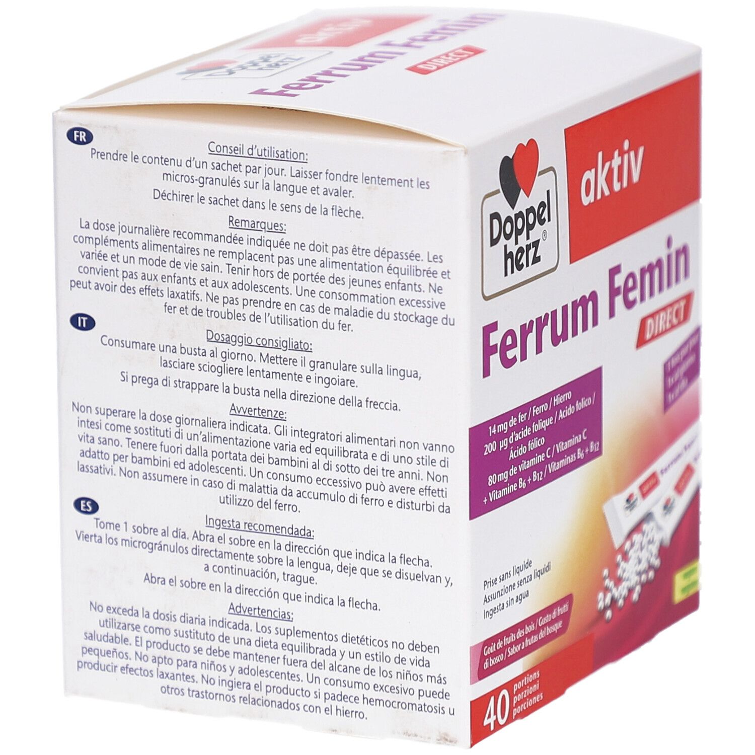 Rückseite der Schachtel mit DH Ferrum Femin direct. Enthält Informationen zu Inhaltsstoffen und Anwendung in mehreren Sprachen.