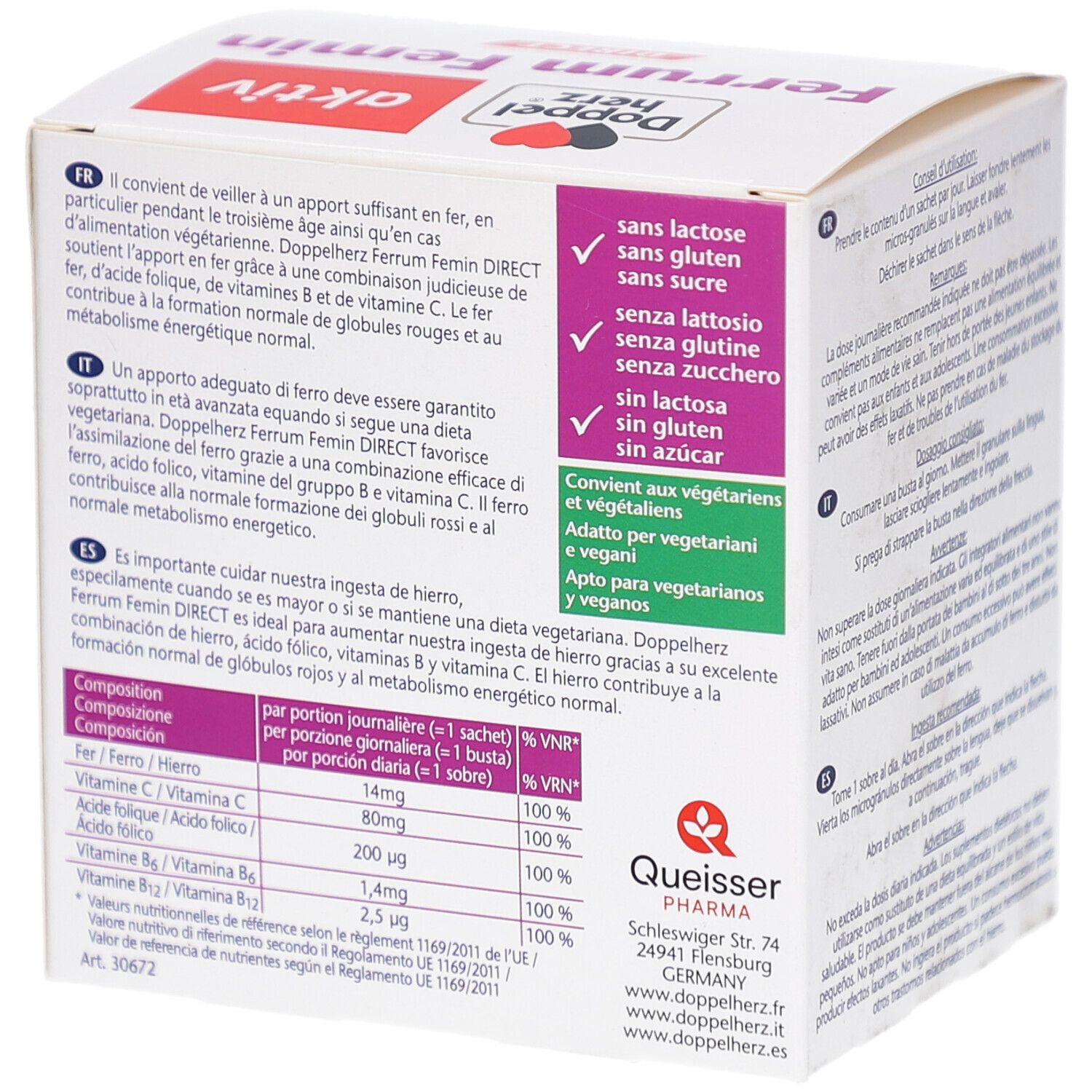 Rückseite der Schachtel mit DH Ferrum Femin direct. Enthält Informationen zu Inhaltsstoffen, glutenfrei, vegan.