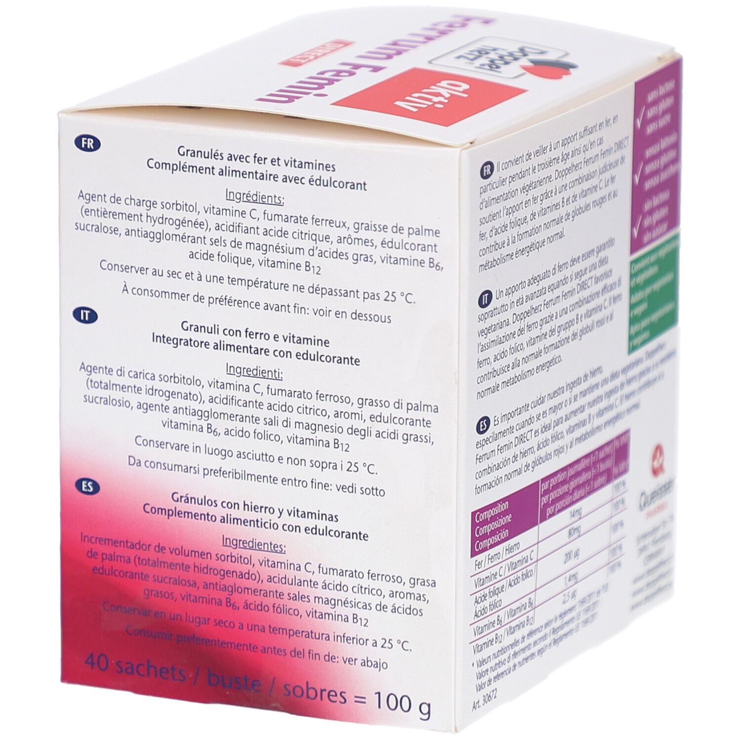 Rückseite der Schachtel mit DH Ferrum Femin direct. Enthält Informationen zu Inhaltsstoffen und Nährwerten.