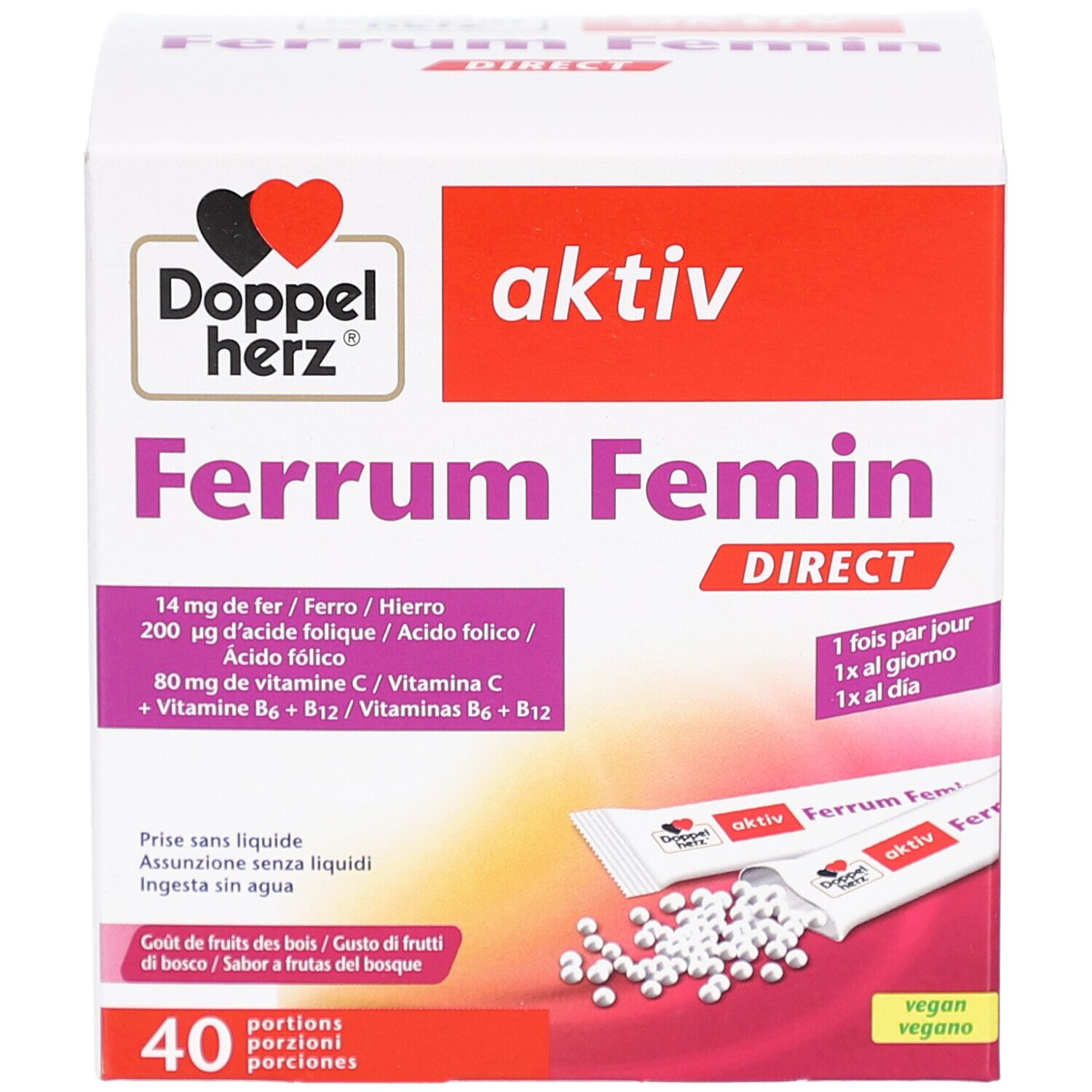 Schachtel mit DH Ferrum Femin direct. Enthält 40 Portionen. Enthält Eisen, Folsäure, Vitamin C, B6 und B12. Vegan.