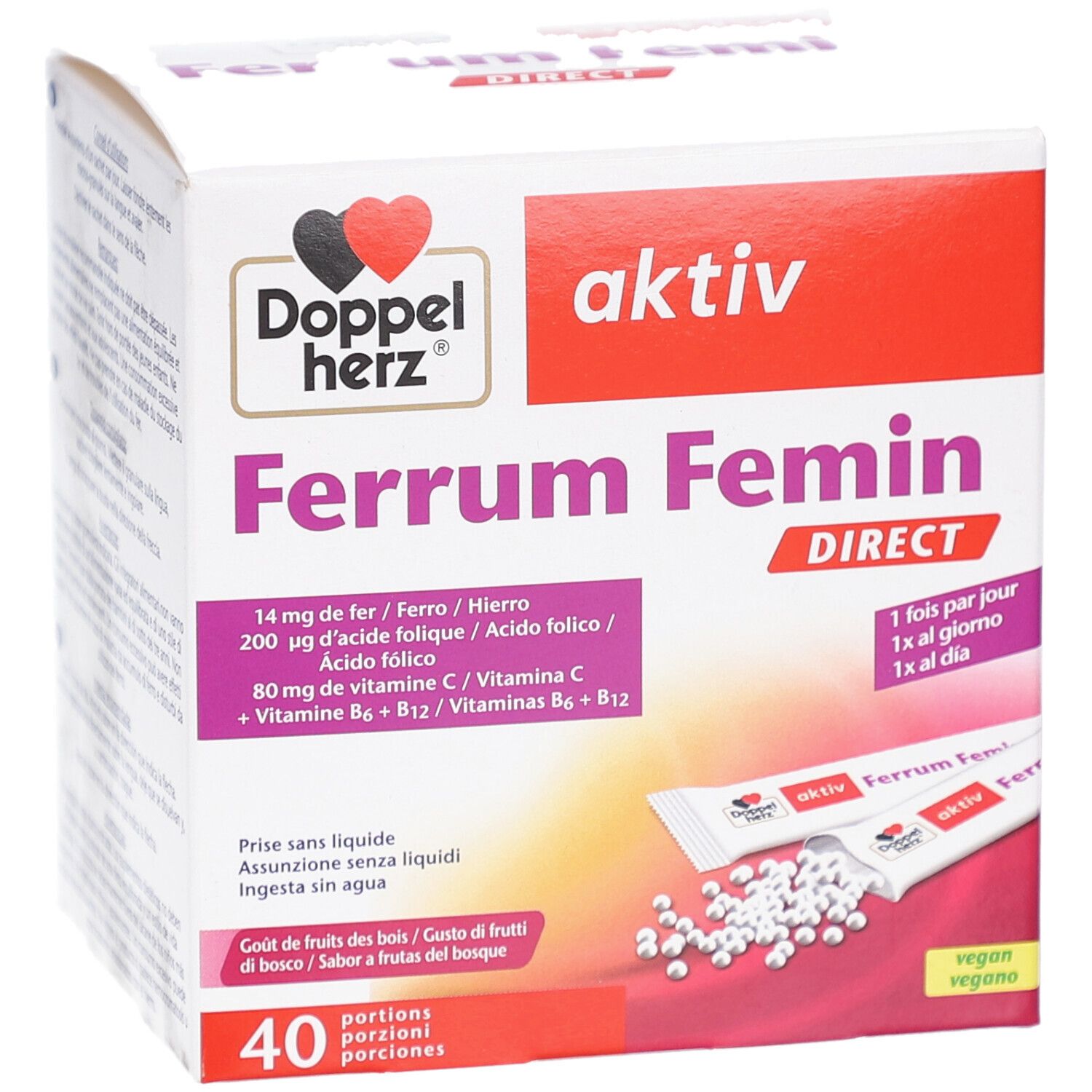 Schachtel mit DH Ferrum Femin direct. Enthält 40 Portionen. Enthält Eisen, Folsäure, Vitamin C, B6 und B12. Vegan.
