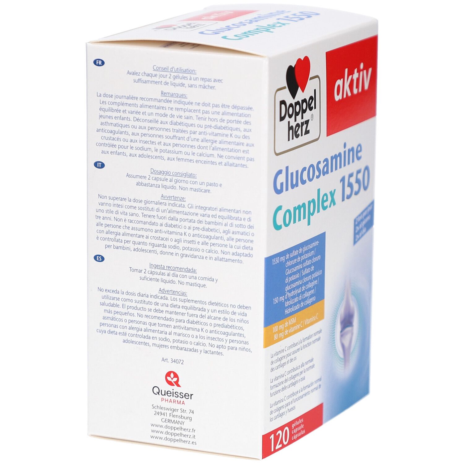 Rückseite der Produktverpackung. Enthält Text in mehreren Sprachen. Doppelherz Glucosamine Complex 1550. 120 Kapseln.