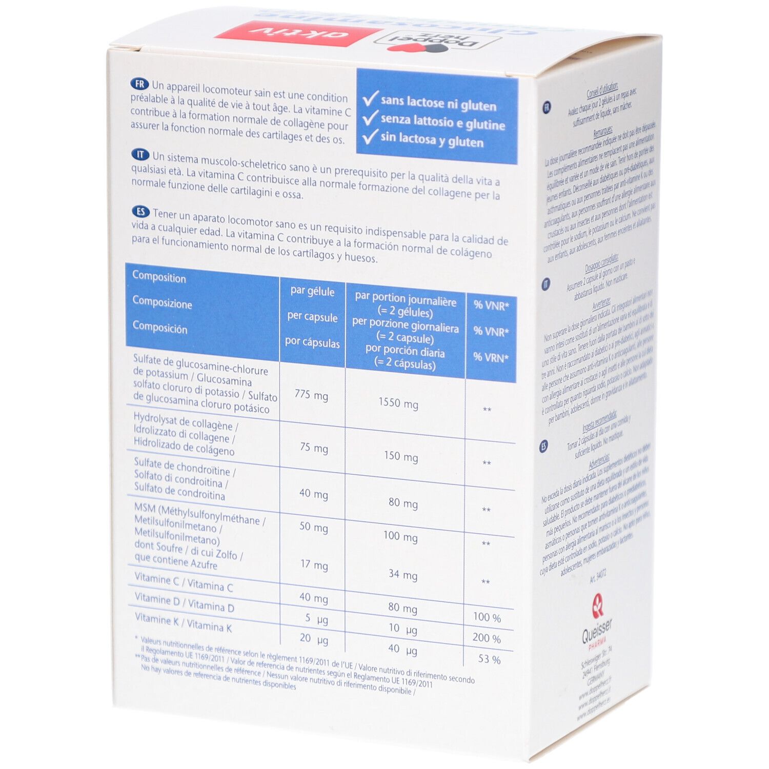 Seite der Produktverpackung mit Inhaltsangaben. Doppelherz Glucosamine Complex 1550. Enthält Nährwertangaben.