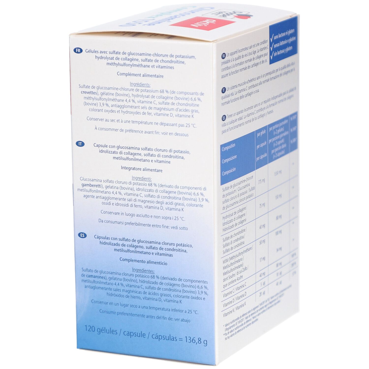 Seite der Produktverpackung mit Inhaltsangaben. Doppelherz Glucosamine Complex 1550. Enthält Nährwertangaben.