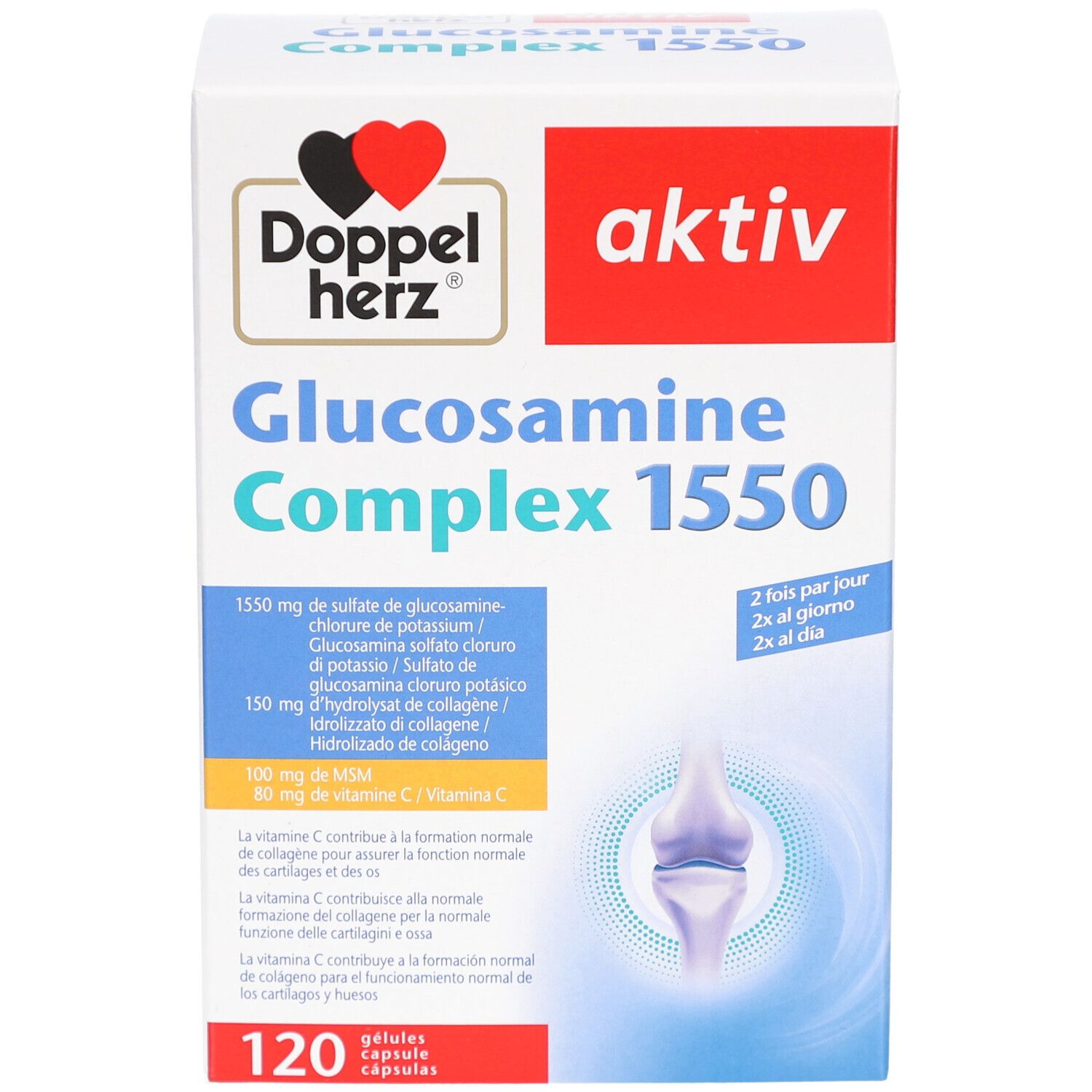 Weiße Schachtel mit Produktaufdruck. Doppelherz Logo und Produktname Glucosamine Complex 1550. 120 Kapseln.