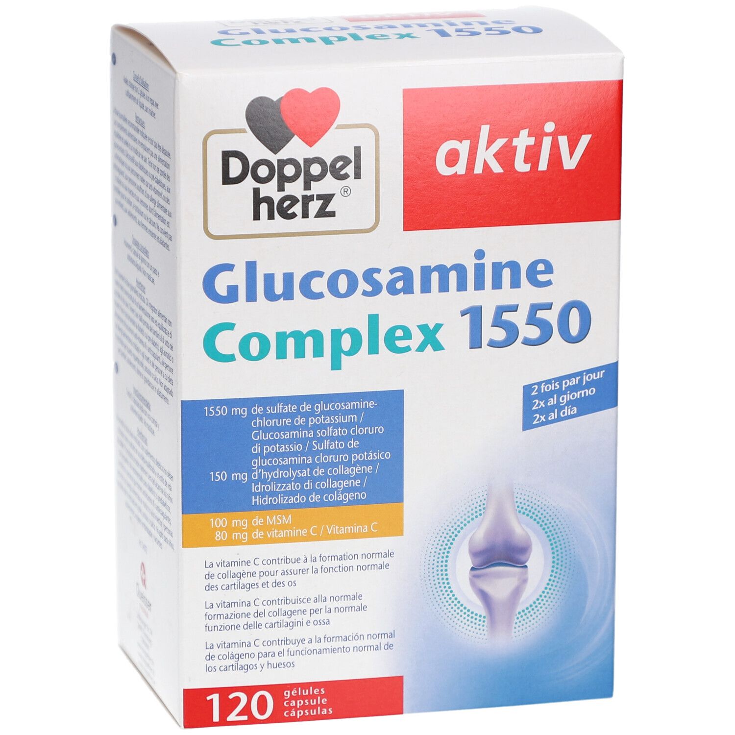 Weiße Schachtel mit Produktaufdruck. Doppelherz Logo und Produktname Glucosamine Complex 1550. 120 Kapseln.