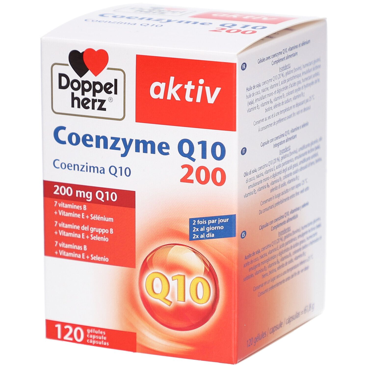 Weiße Produktverpackung mit roter und schwarzer Schrift. Enthält Coenzym Q10 200. 120 Kapseln. Doppelherz Logo.