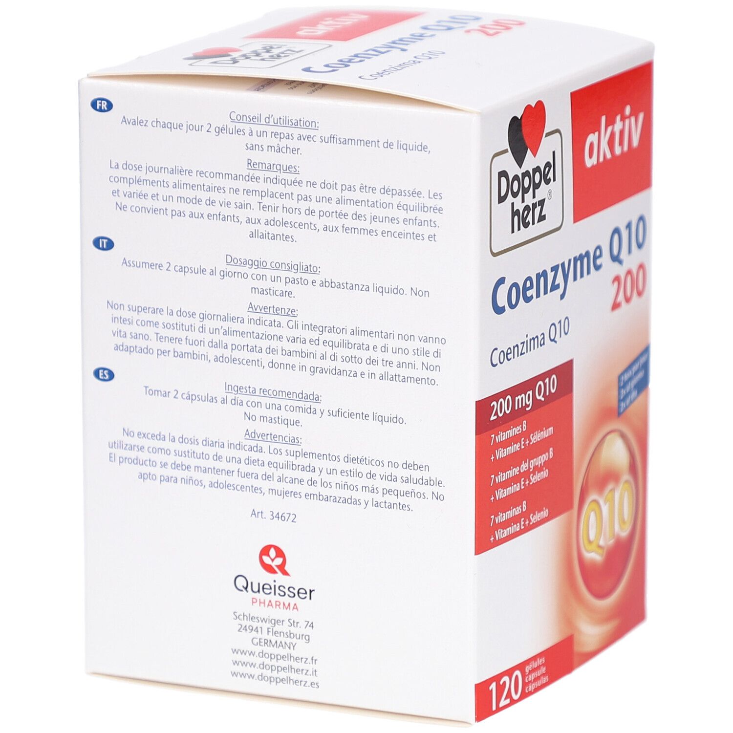 Weiße Produktverpackung mit roter und schwarzer Schrift. Enthält Coenzym Q10 200. Text in mehreren Sprachen. Doppelherz Logo.