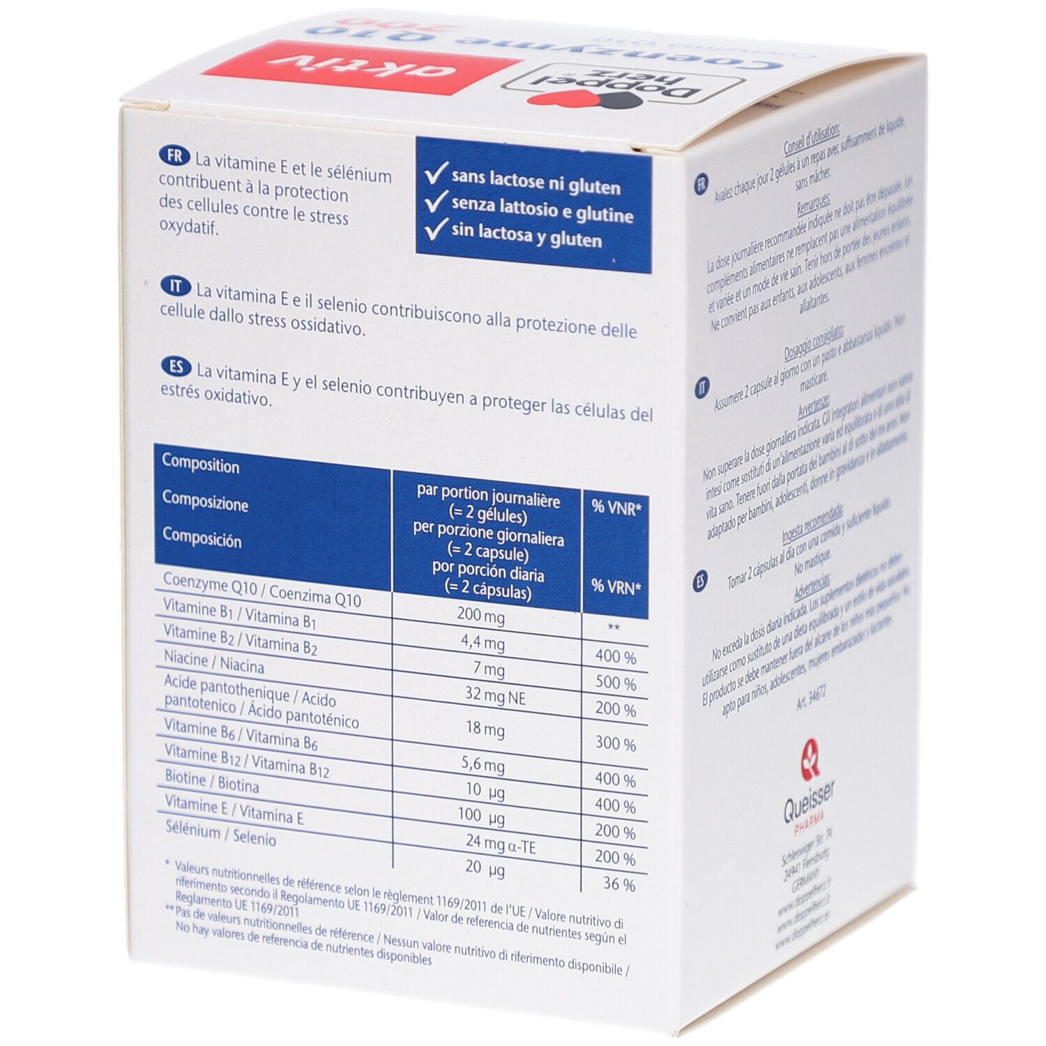 Weiße Produktverpackung mit roter und schwarzer Schrift. Enthält Coenzym Q10 200. Inhaltsstofftabelle. Doppelherz Logo.