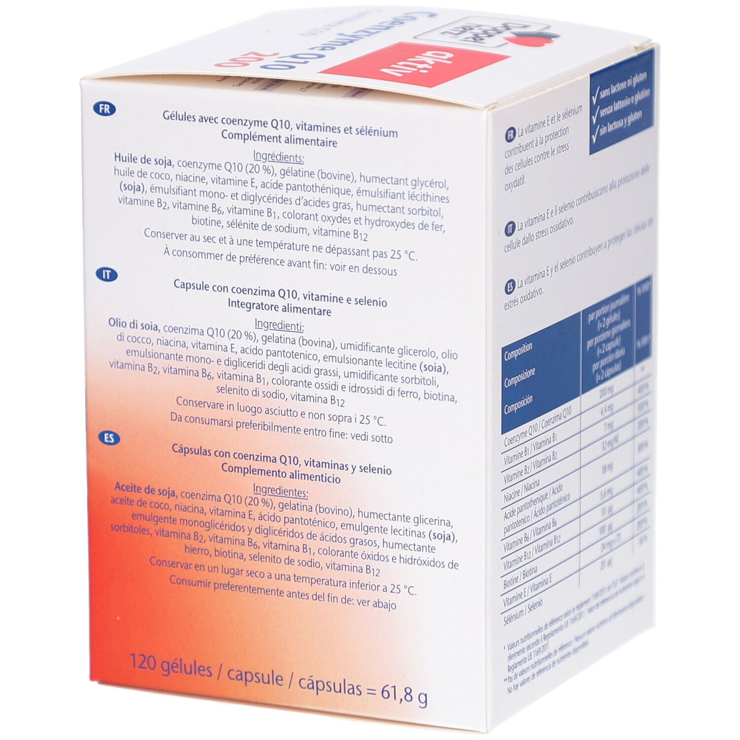Weiße Produktverpackung mit roter und schwarzer Schrift. Enthält Coenzym Q10 200. Zutatenliste. Doppelherz Logo.
