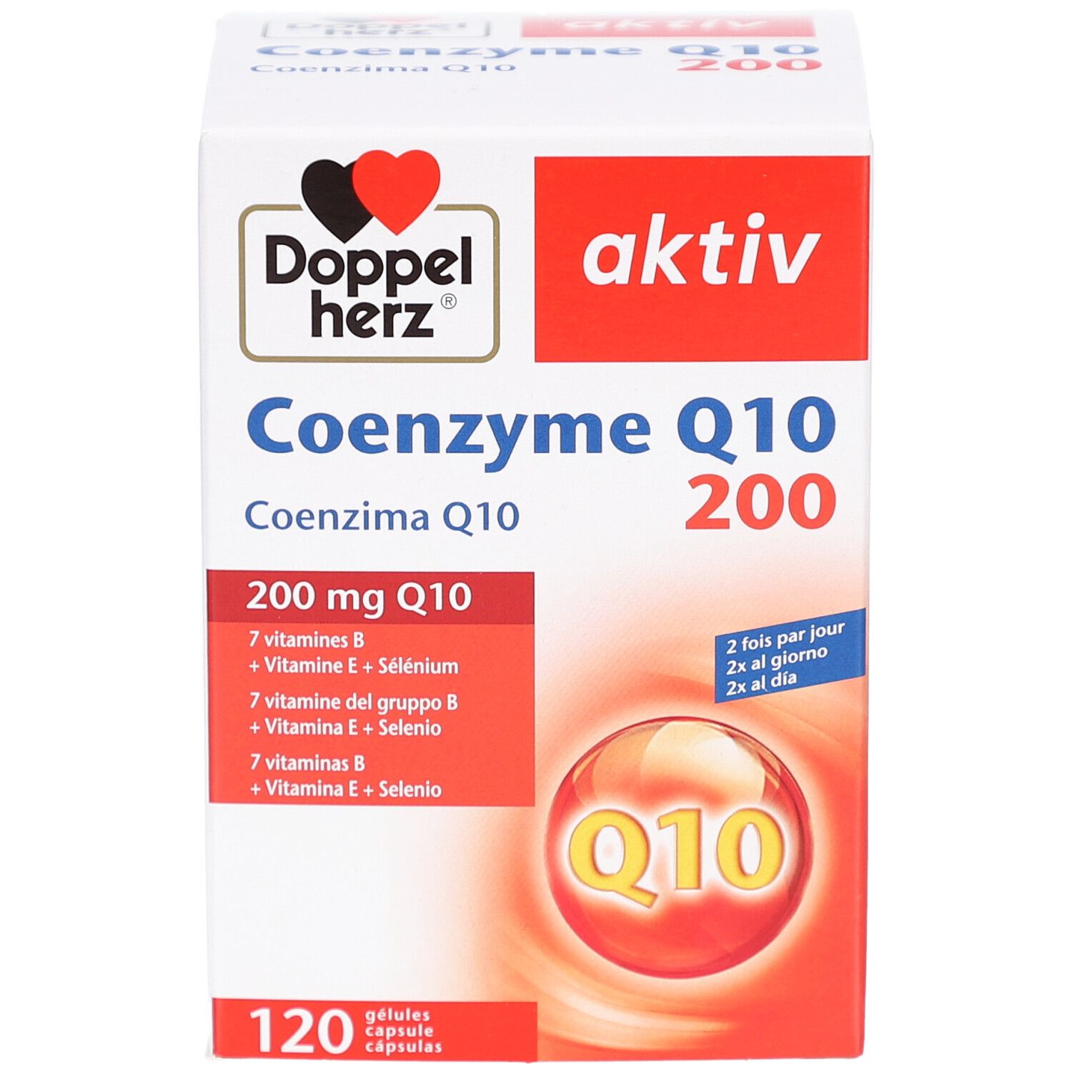 Weiße Produktverpackung mit roter und schwarzer Schrift. Enthält Coenzym Q10 200. 120 Kapseln. Doppelherz Logo.
