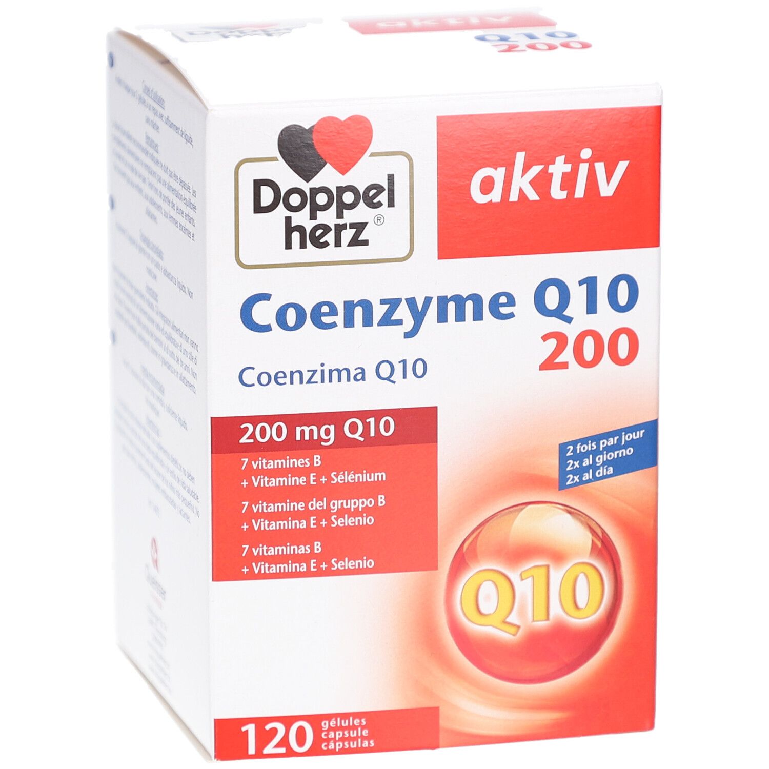 Weiße Produktverpackung mit roter und schwarzer Schrift. Enthält Coenzym Q10 200. 120 Kapseln. Doppelherz Logo.