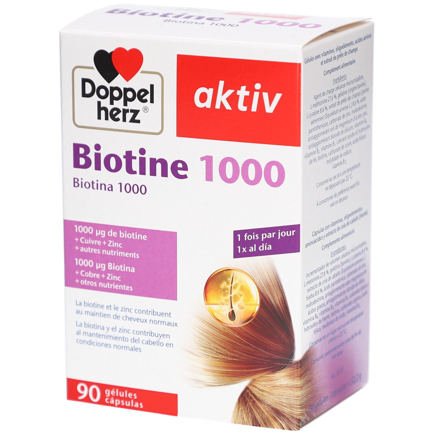 Weißer Karton mit Produktnamen Biotine 1000. Logo Doppelherz. Enthält 90 Kapseln. Aufdruck: 1000 µg Biotin, Kupfer, Zink.