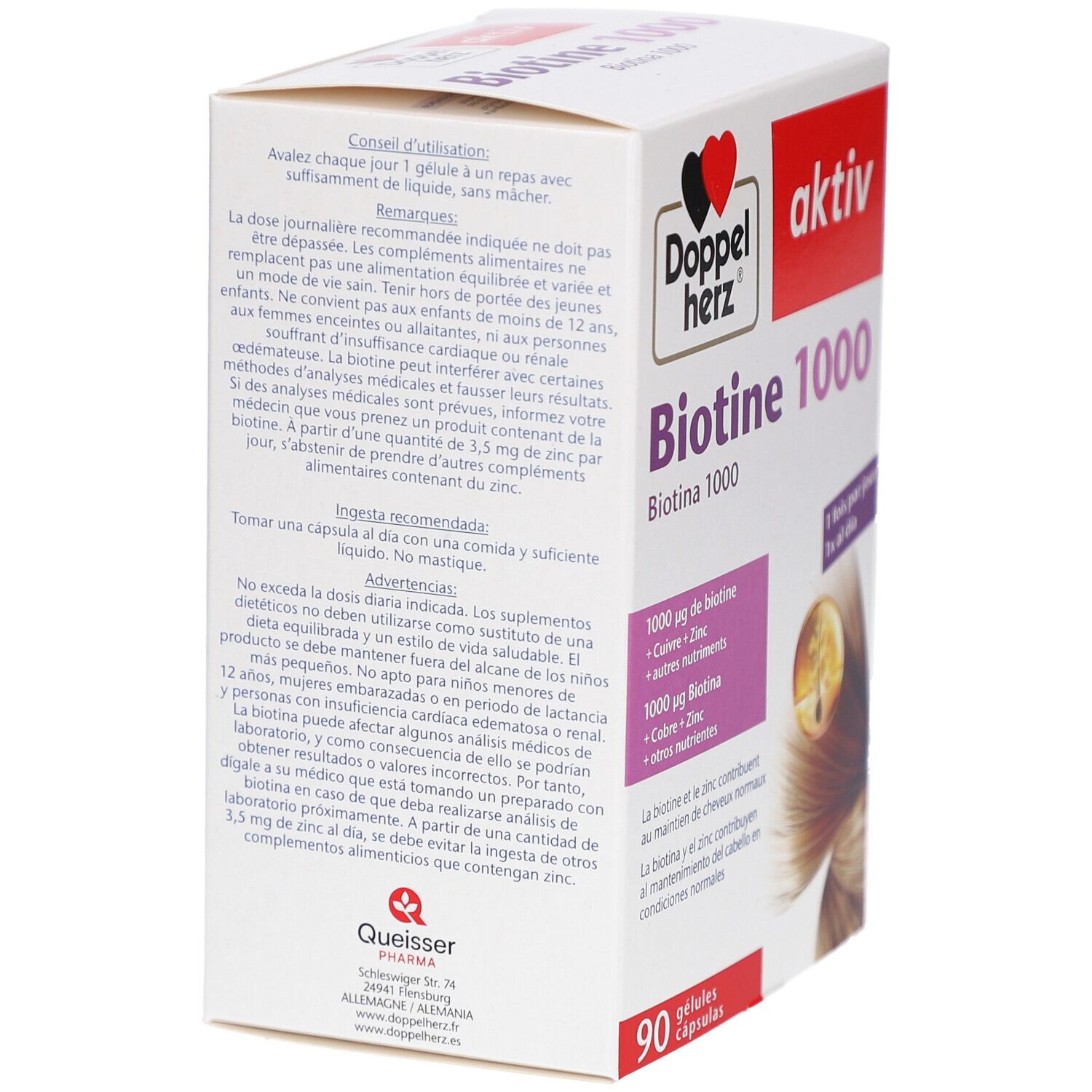 Weiße Schachtel mit Produktinformationen. Logo Doppelherz. Enthält 90 Kapseln. Text: Gebrauchsanweisung, Inhaltsstoffe, Warnhinweise.
