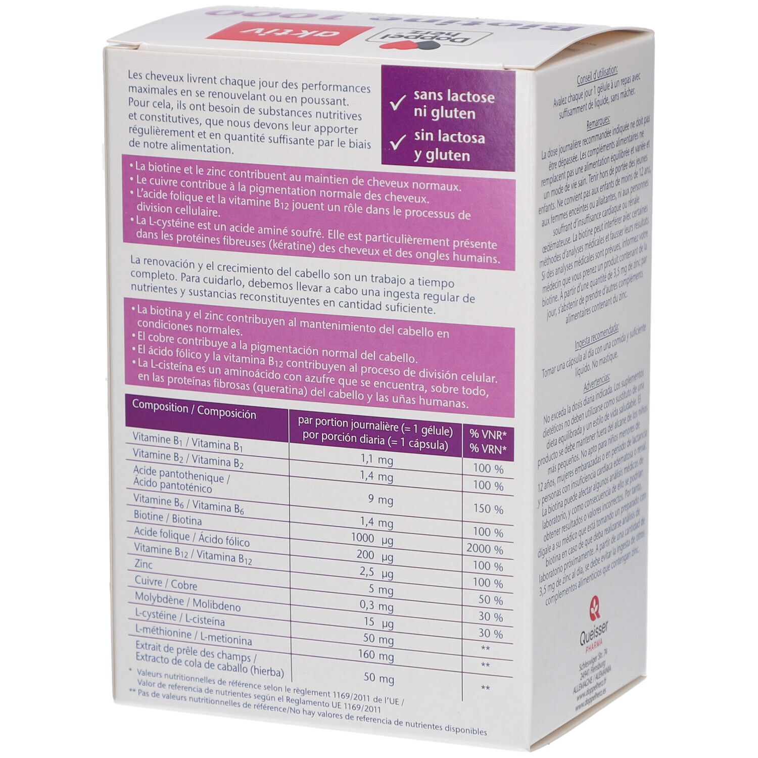 Weiße Schachtel mit Produktinformationen. Text: Inhaltsstoffe, Nährwertangaben, ohne Laktose, ohne Gluten. Logo Doppelherz.