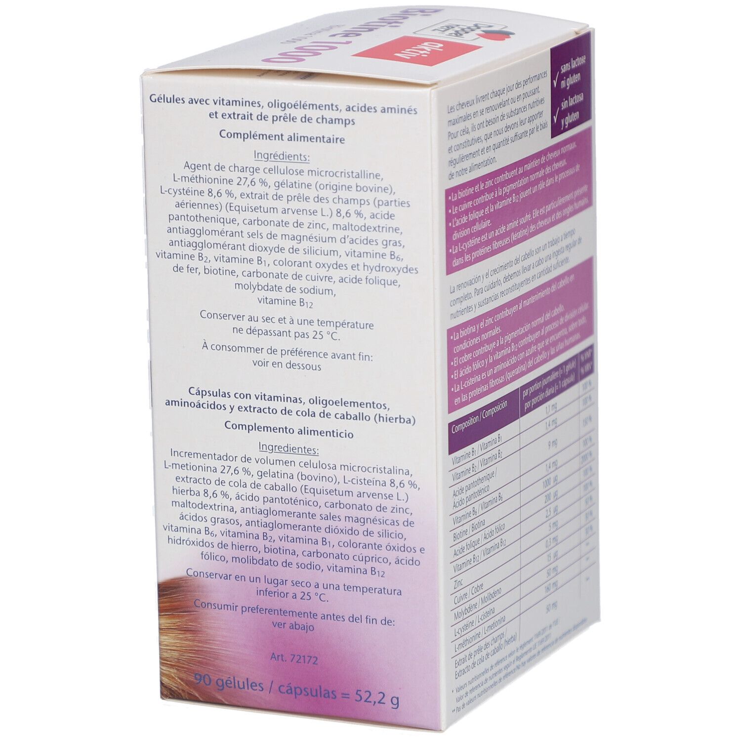 Weiße Schachtel mit Produktinformationen. Text: Inhaltsstoffe, Nährwertangaben, ohne Laktose, ohne Gluten. Logo Doppelherz.