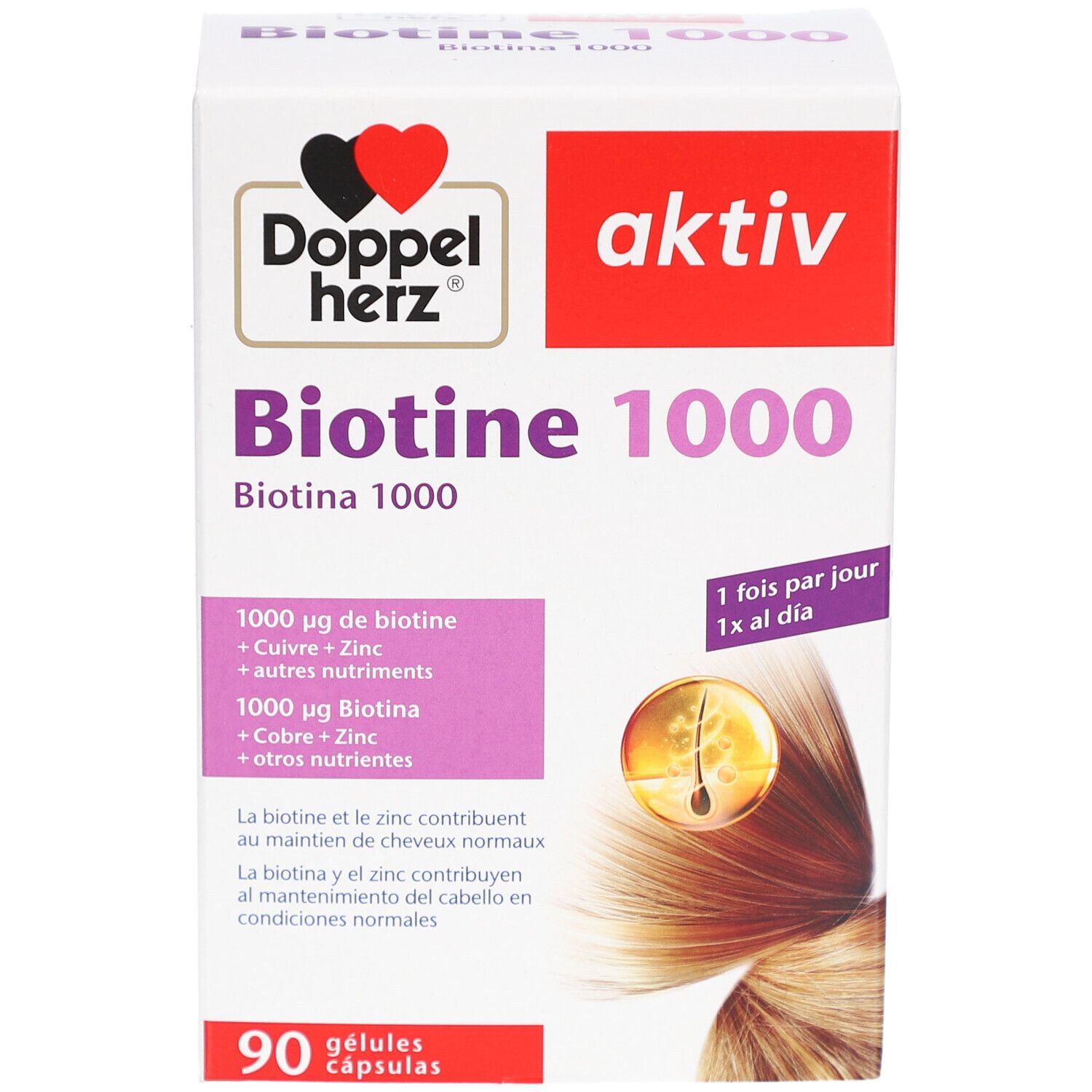 Weißer Karton mit Produktnamen Biotine 1000. Logo Doppelherz. Enthält 90 Kapseln. Aufdruck: 1000 µg Biotin, Kupfer, Zink.