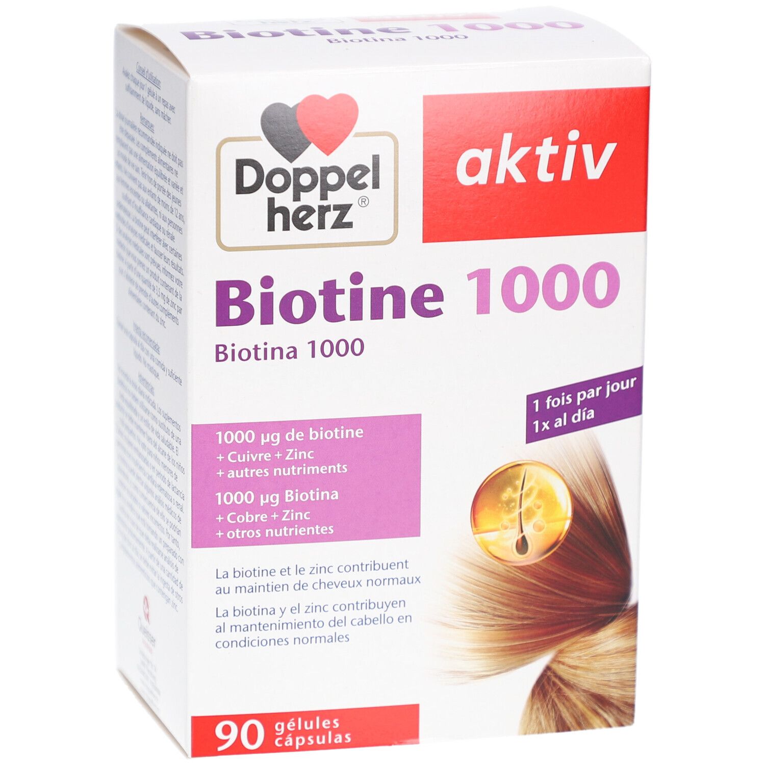Weißer Karton mit Produktnamen Biotine 1000. Logo Doppelherz. Enthält 90 Kapseln. Aufdruck: 1000 µg Biotin, Kupfer, Zink.