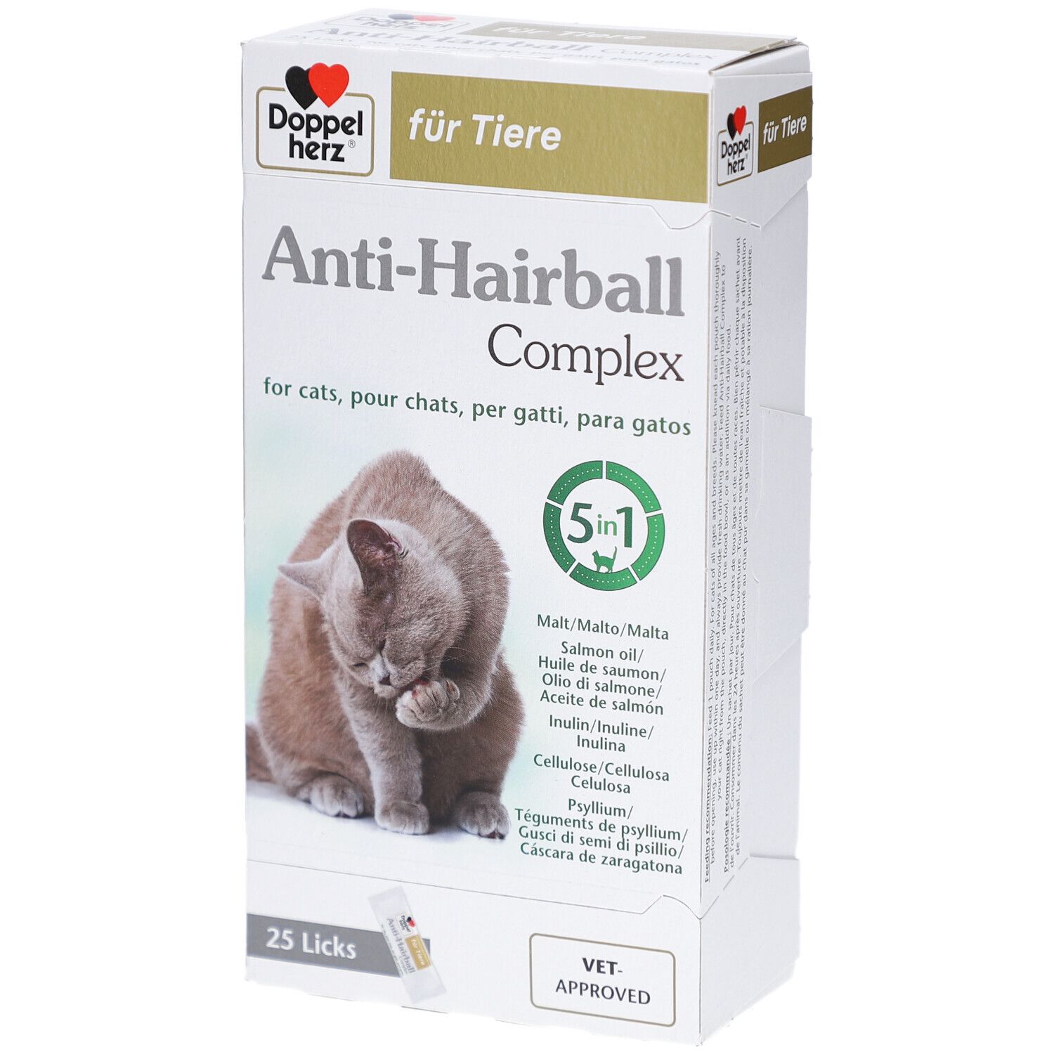Boîte de Anti-Hairball Complex. Contient 25 friandises. Image d'un chat. Logo Doppelherz.