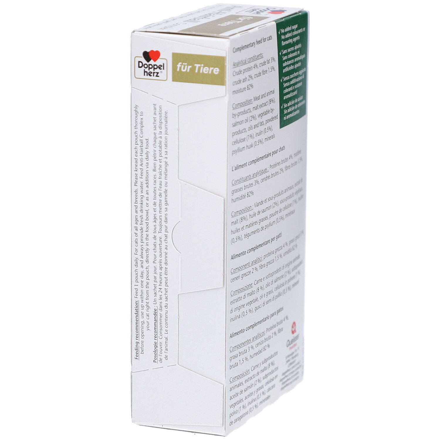 Vue latérale de l'emballage Anti-Hairball Complex. Texte et ingrédients. Logo Doppelherz. Logo Queisser Pharma.