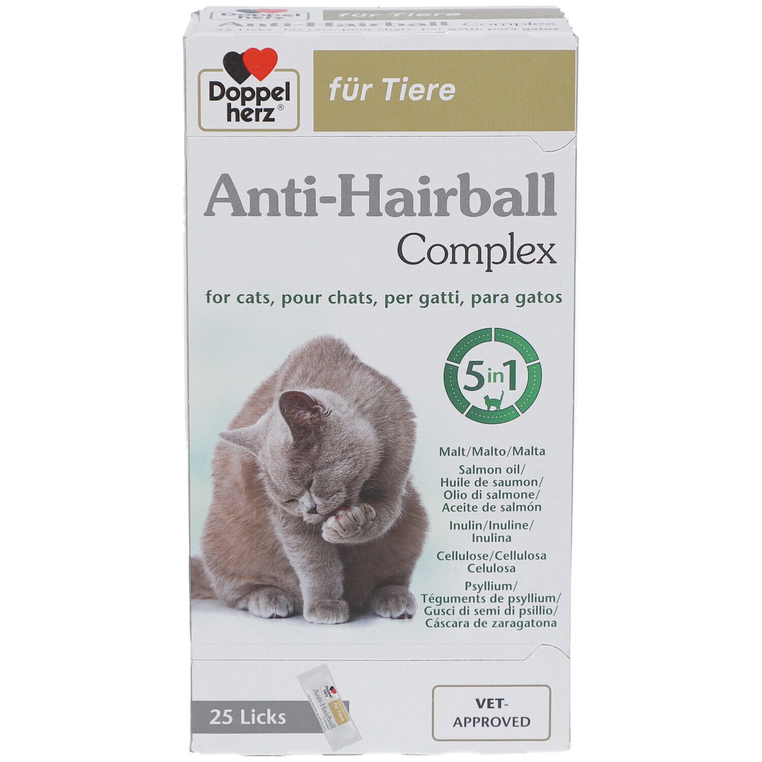 Boîte de Anti-Hairball Complex. Contient 25 friandises. Image d'un chat. Logo Doppelherz.