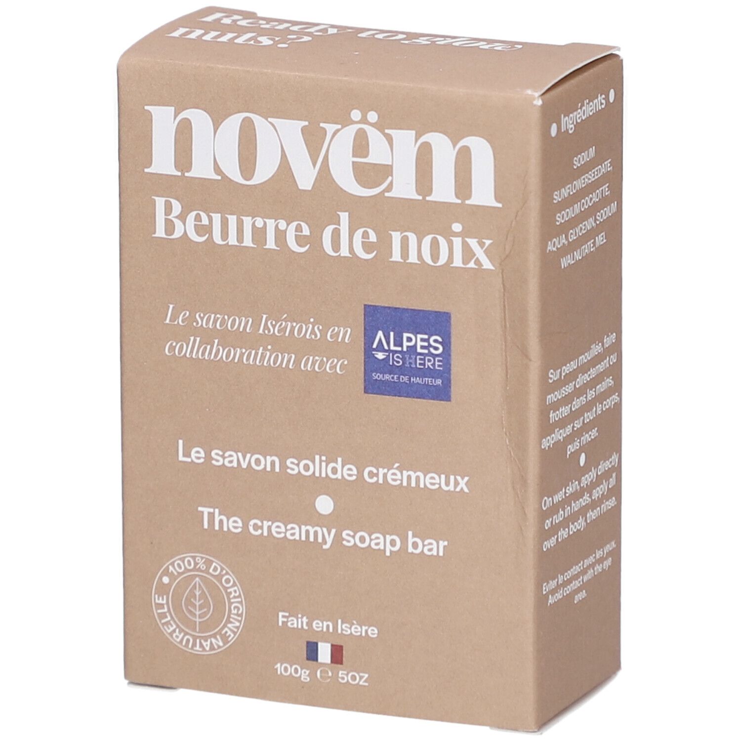 Boîte en carton marron avec informations produit. Inscriptions: novëm, Beurre de noix, Le savon solide crémeux, The creamy soap bar. Avec logo.