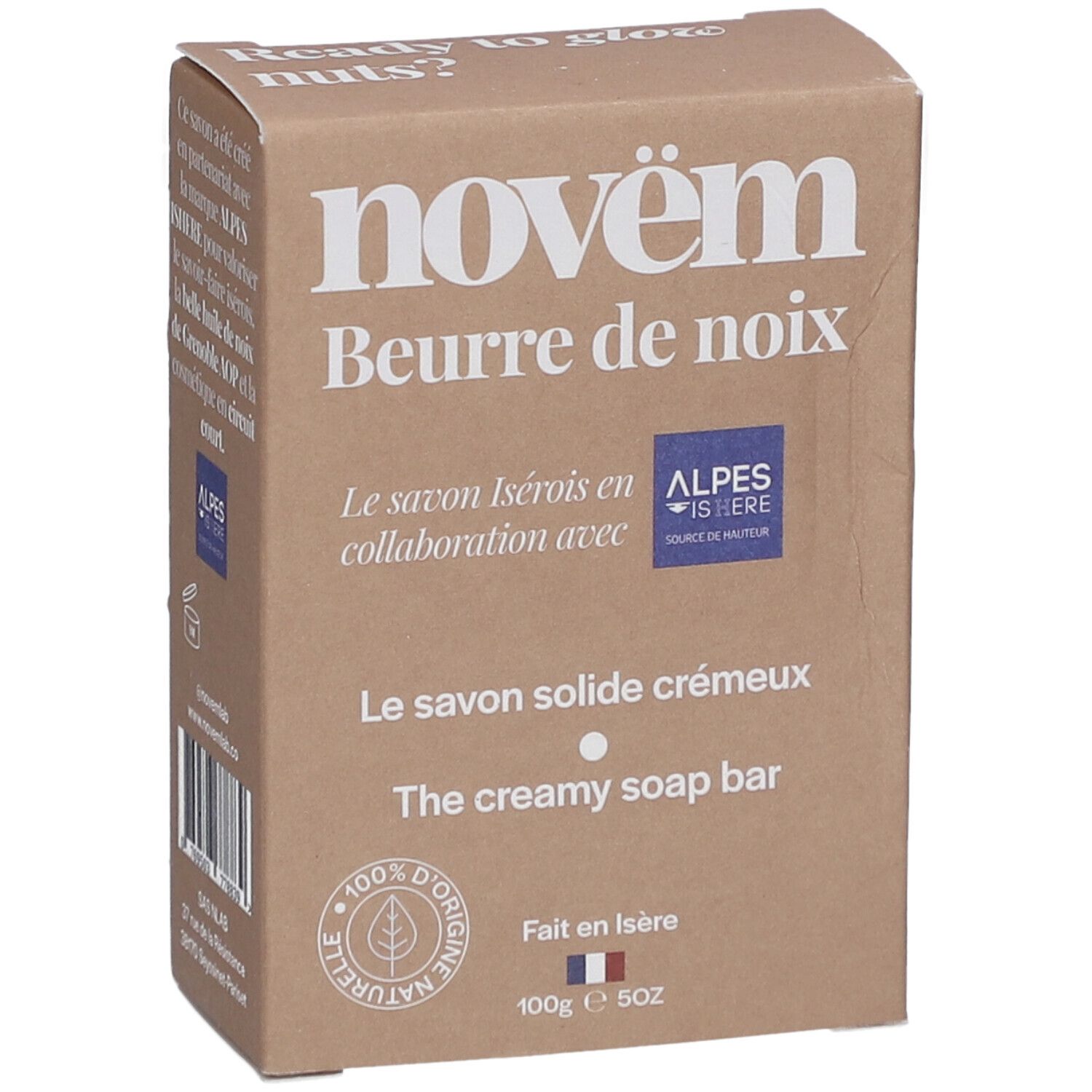 Boîte en carton marron avec informations produit. Inscriptions: novëm, Beurre de noix, Le savon solide crémeux, The creamy soap bar. Avec logo et certification.