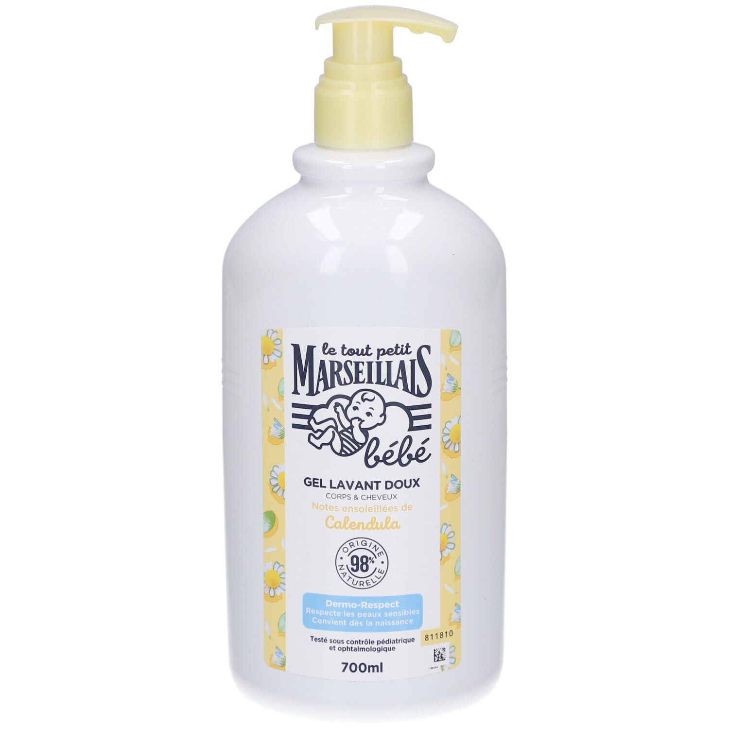 Weißer Spender mit gelbem Pumpkopf. Aufkleber mit Produktbezeichnung und Logo. Text: Calendula, 98% natürliche Inhaltsstoffe.